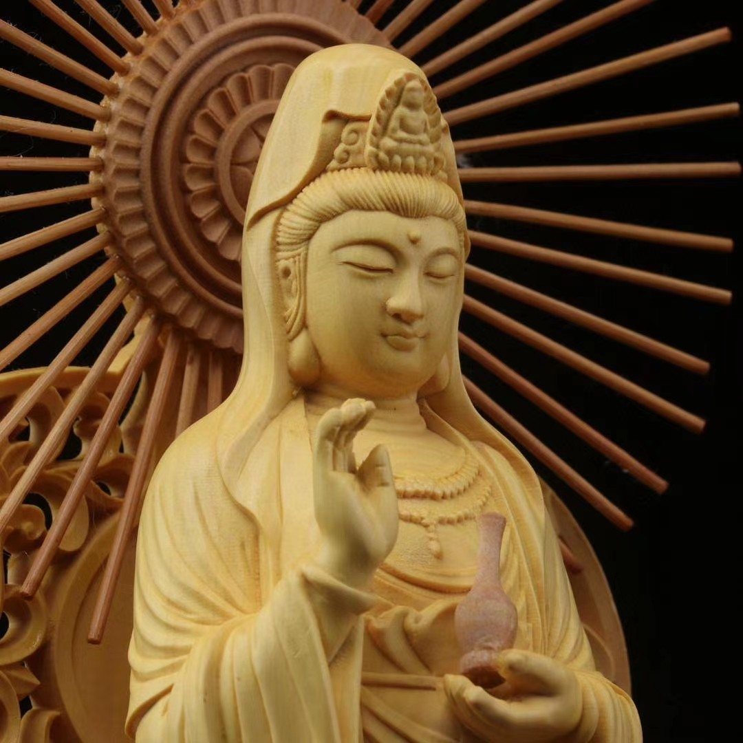 1Set 3Pcs Chinese Boxwood Carving Ru-lai Guan-yin Di-zangwang Buddhism statue