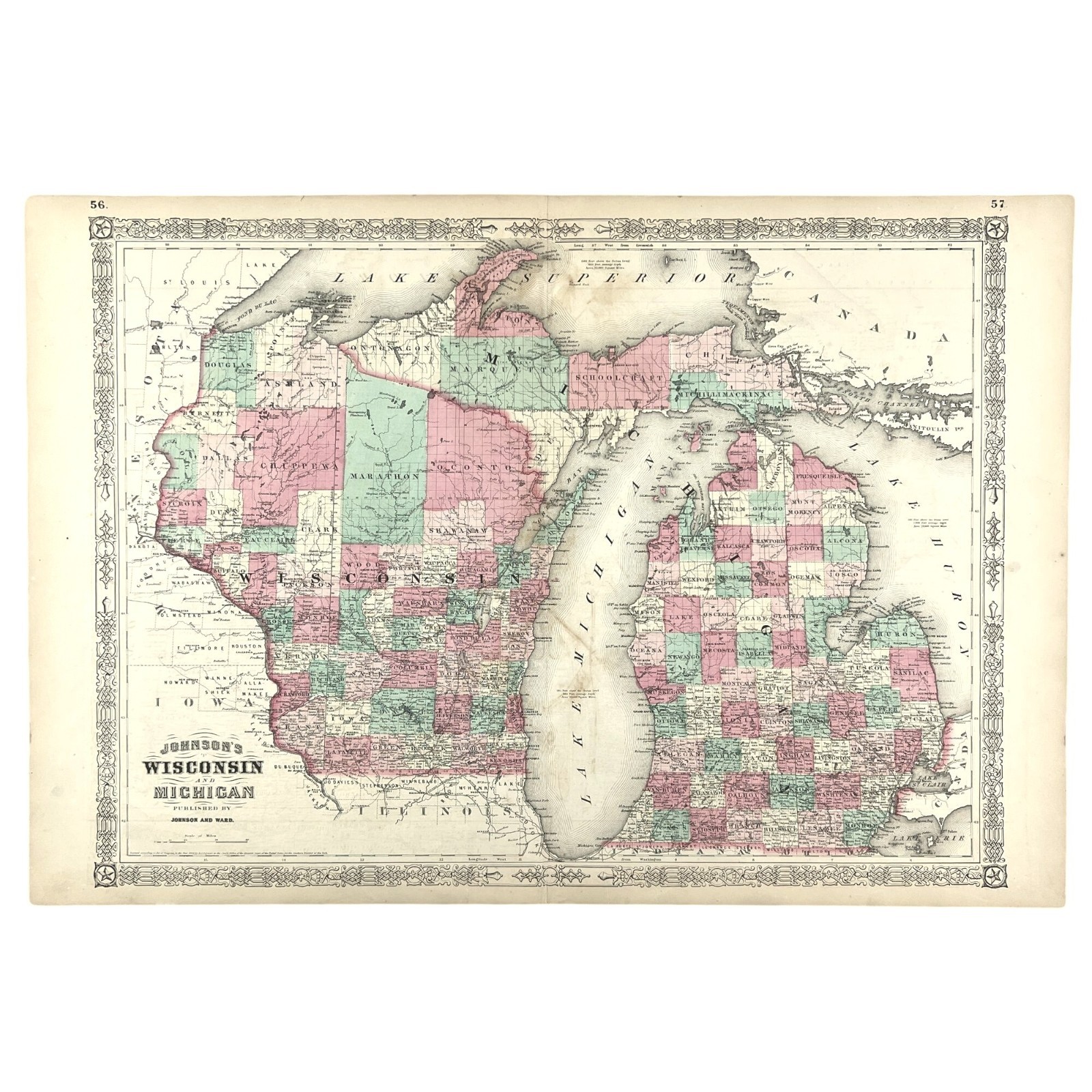 Original Antique 1864 Wisconsin Michigan Map Johnson Ward Civil War Era
