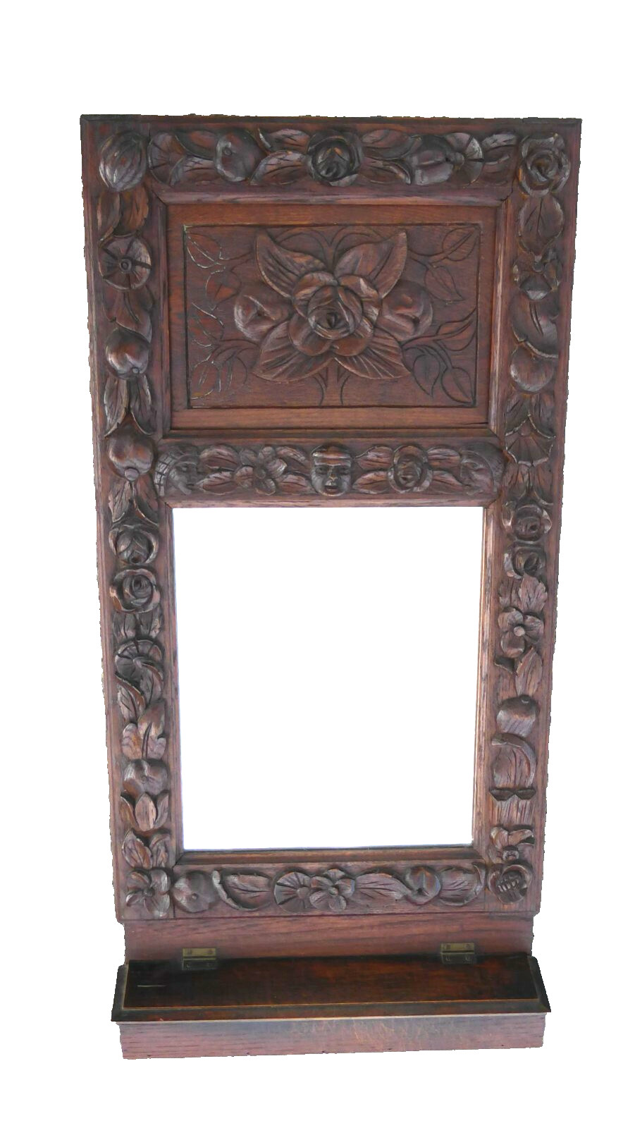ANTIQUE WOODEN CARVED MIRRO ART DECO PERIOD WITH STORAGE SHAVING MIRROR