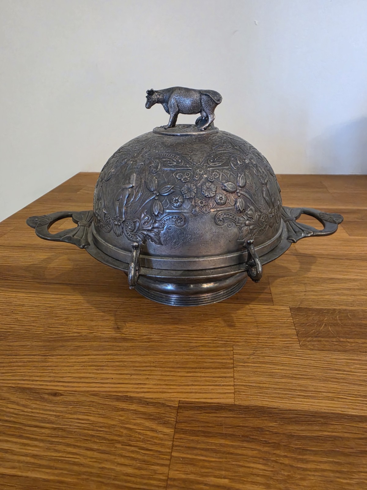 Antique Victorian Silver-Plated Covered Butter/Cheese Dome with Cow Finial.