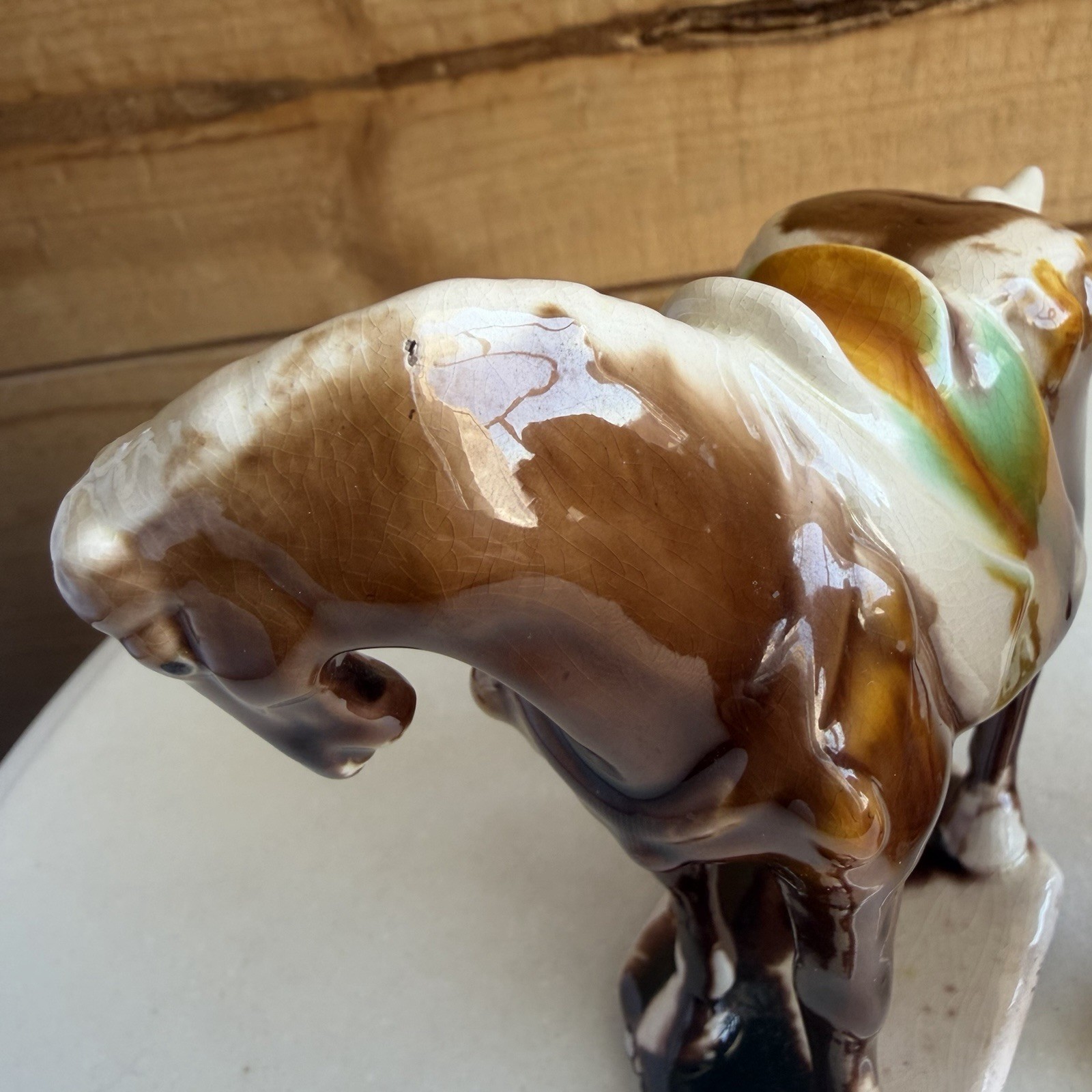 Chinese Tang Tri-Color Drip Glazed Ceramics War Horse Porcelain Statue Set Of 2