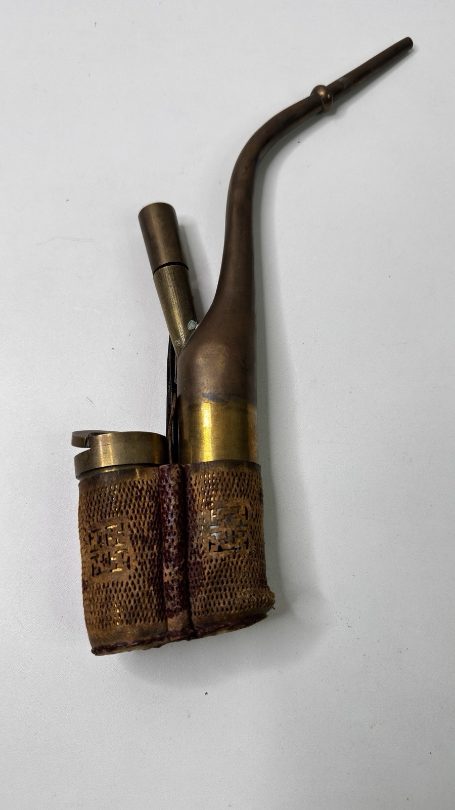 Vintage Chinese Brass Smoking Pipe Set w/ Accessories Tweezers Case