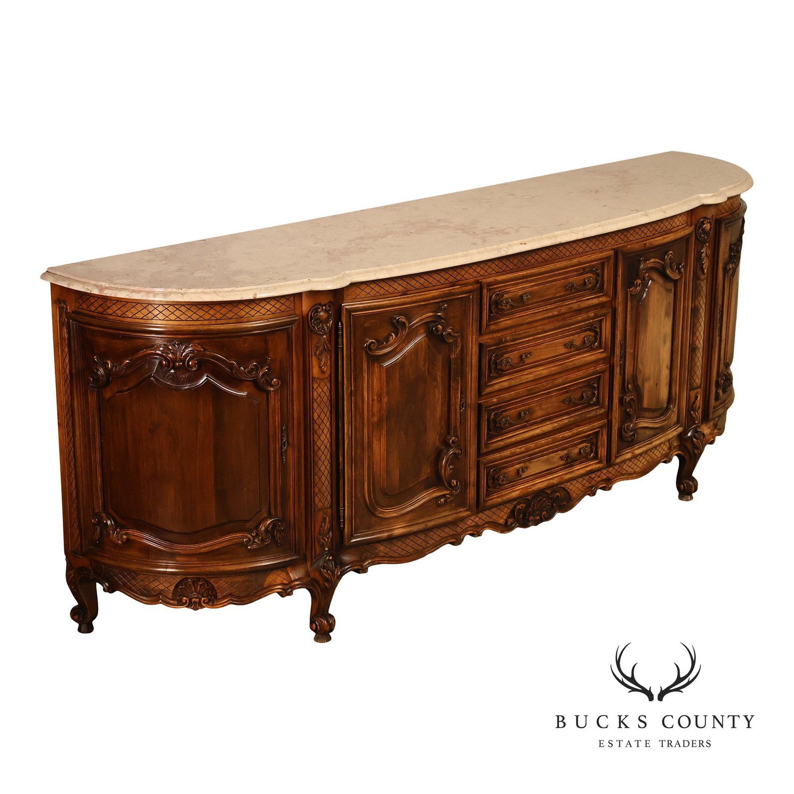 French Louis XV Style 106″ Long Marble Top Walnut Sideboard