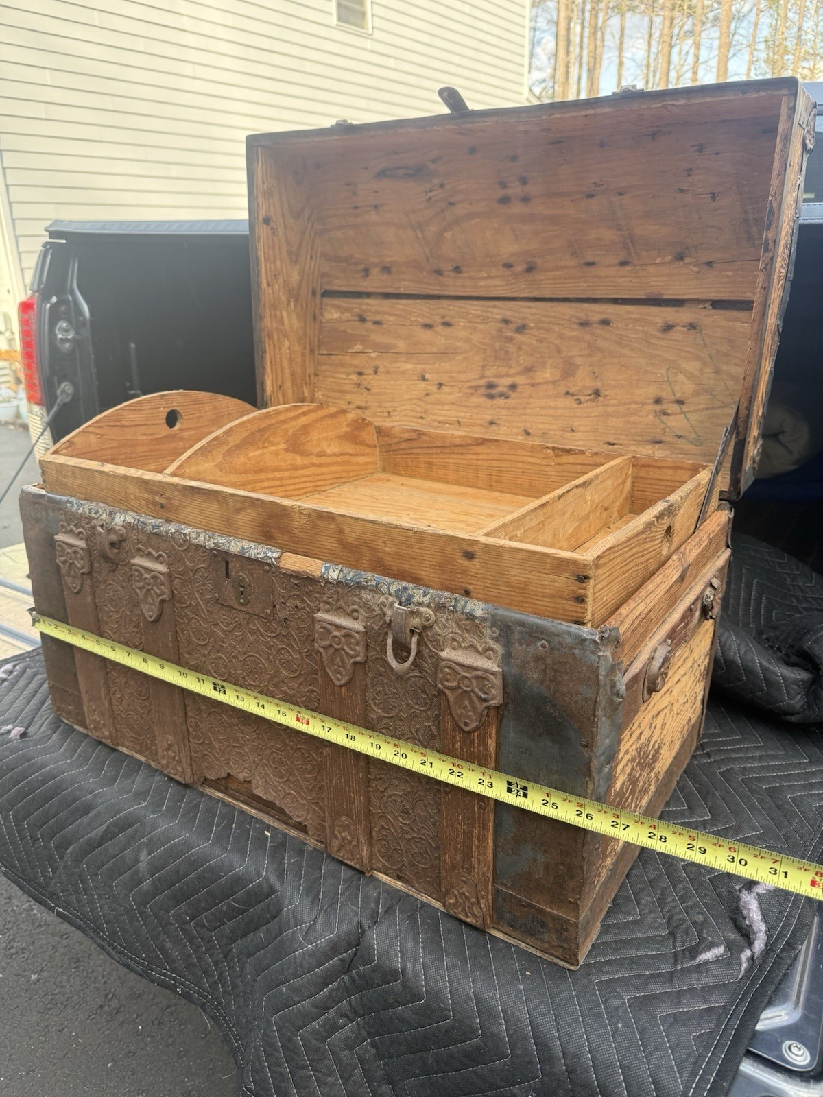 ANTIQUE Embossed Wood & Metal Steamer Trunk with Carvings, Metal Hardware