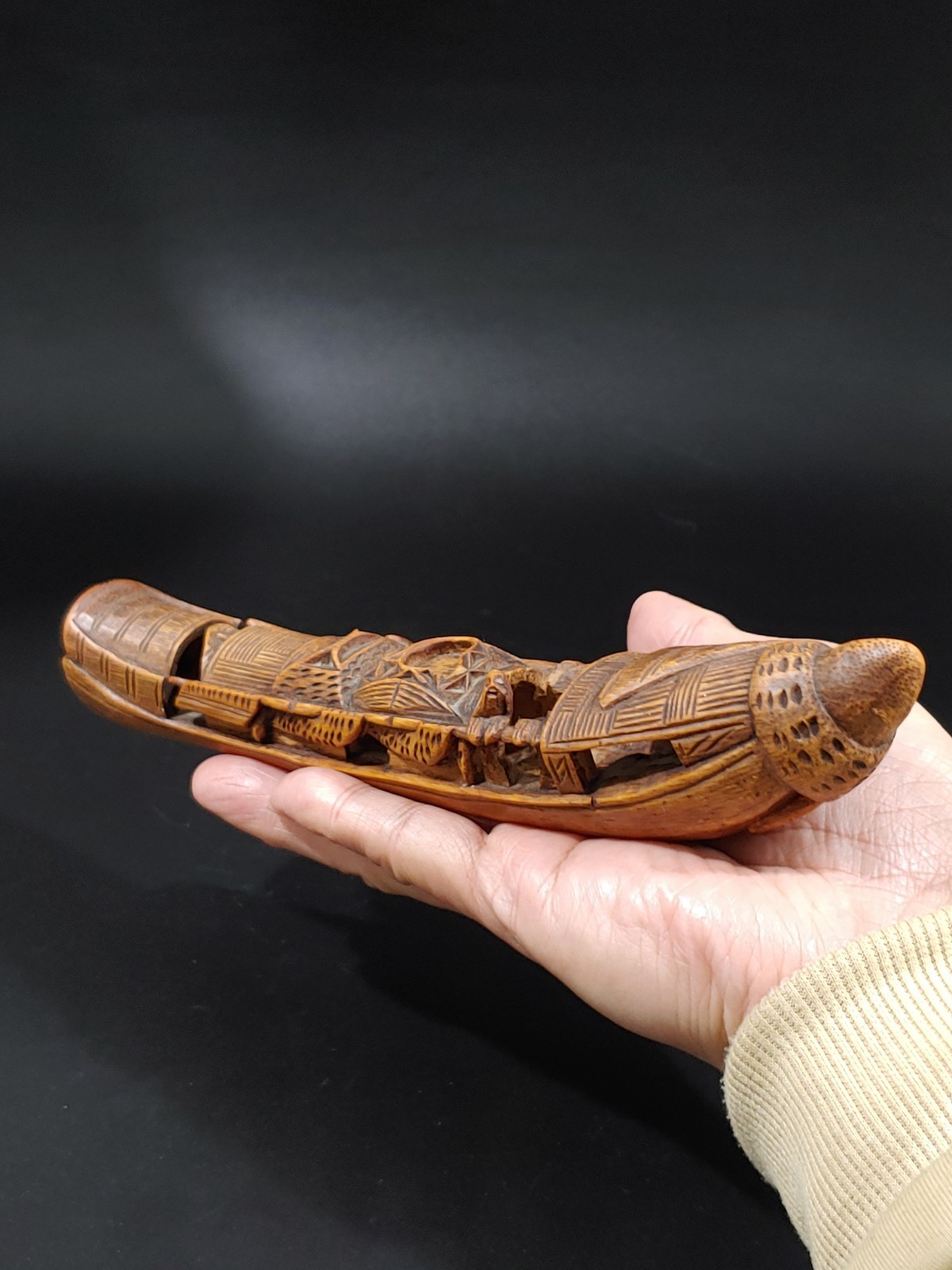 Antique Chinese Qing Dynasty Hand Carved Bamboo Fishing Boat Figure Home Office