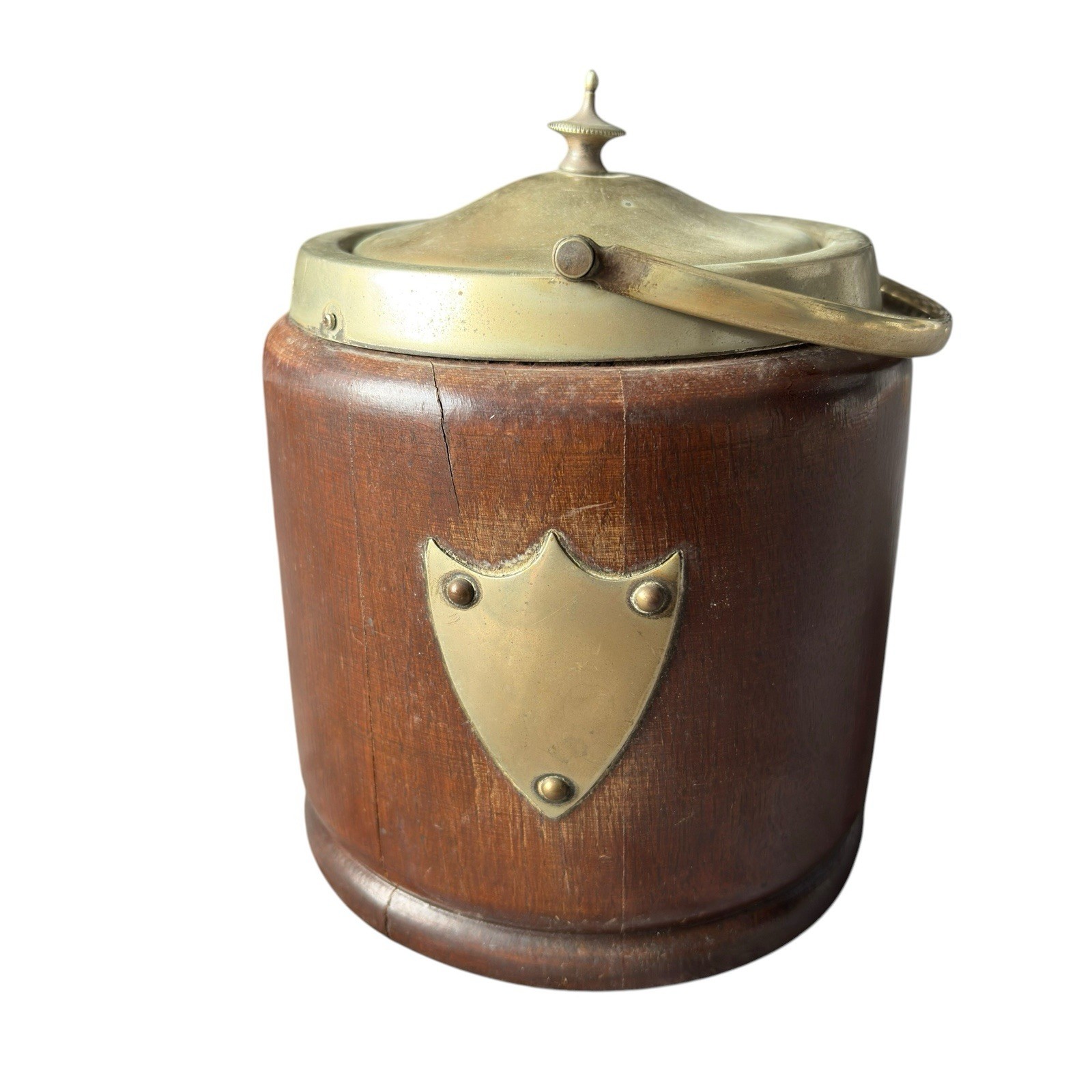 Antique Oak Biscuit Barrel EPNS Lid Ceramic Liner c1920s 1927 Newspaper Packing