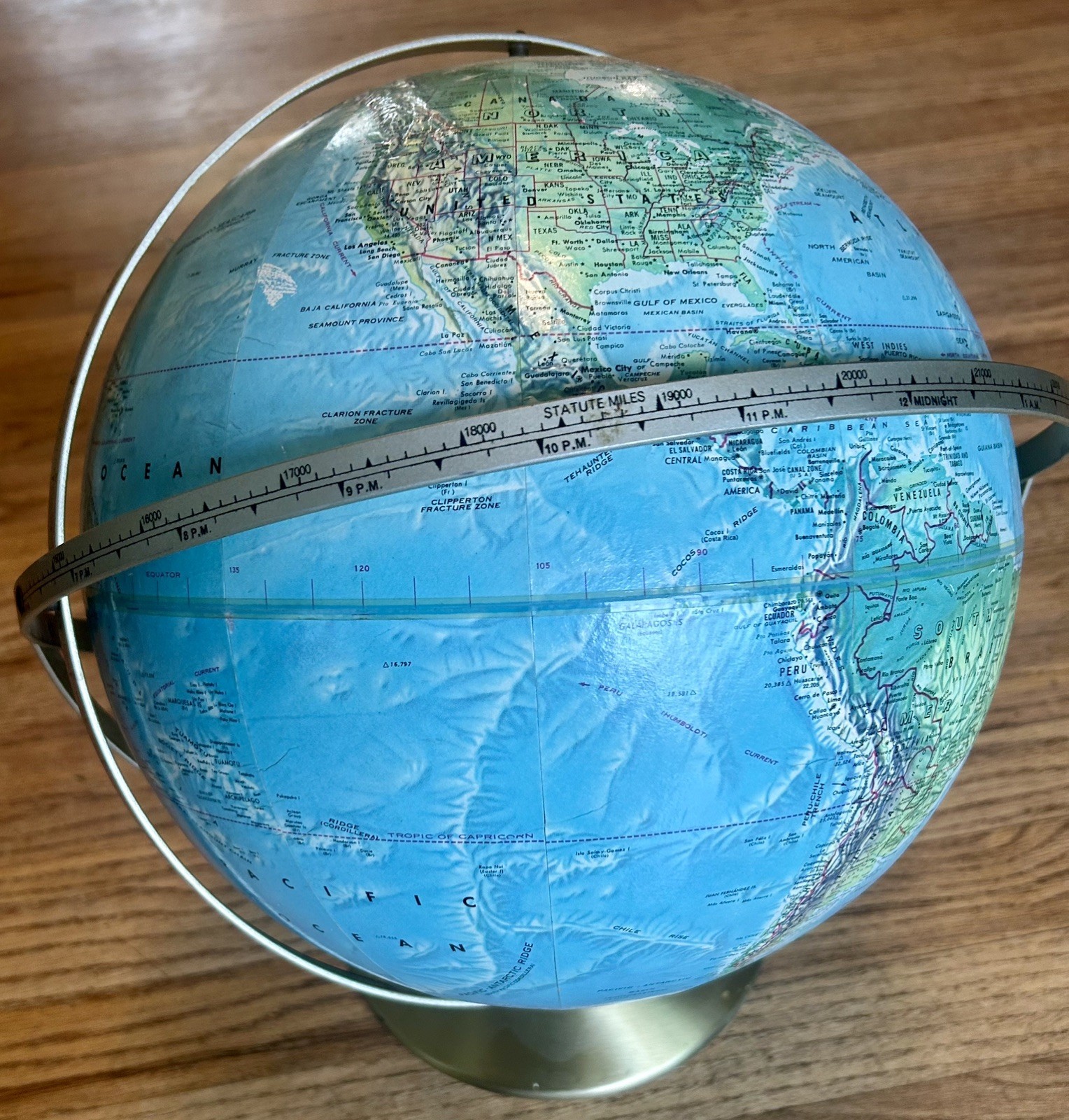Vintage Rand McNally World Portrait Globe 12” Raised Relief Time Dial Metal