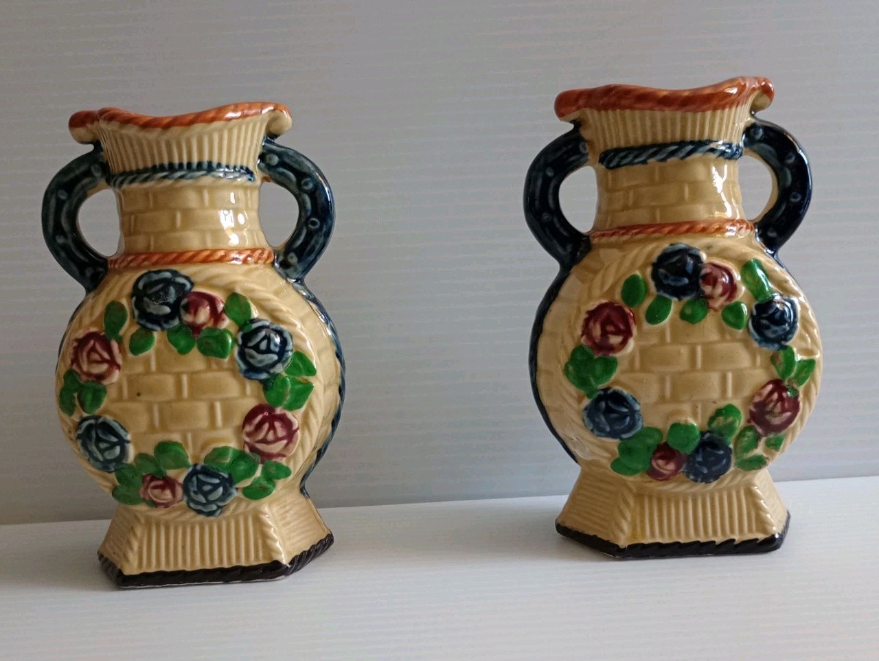 2- Vintage Japan Majolica Porcelain Vases Red & Blue Roses On Basket Weave 5.25”