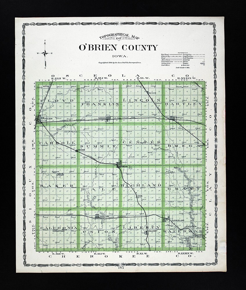 1904 Huebinger Iowa Map O’Brien County Primghar Calumet Sheldon Sanborn Gaza IA