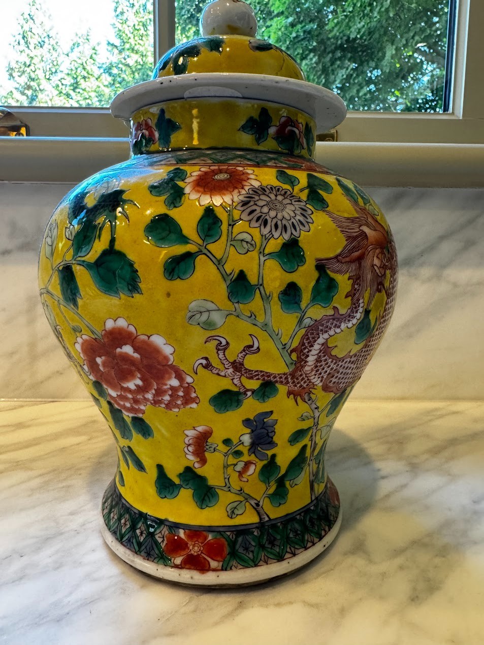 Pair 19thC Chinese Yellow Ground Dragon Porcelain Ginger Jars Kangxi Marks