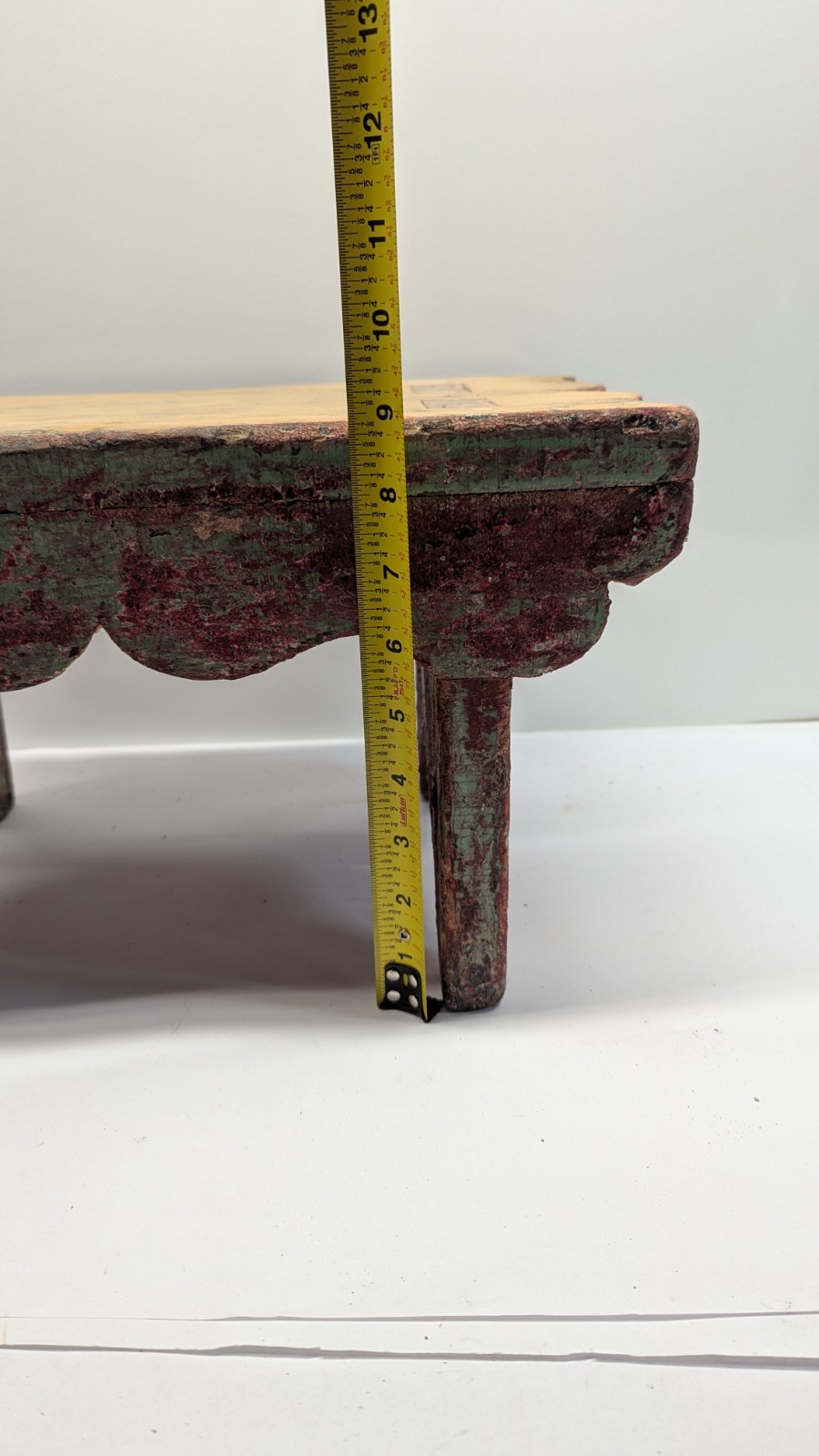 Antique Charming early American pine footstool in red Green wash bootjack ends