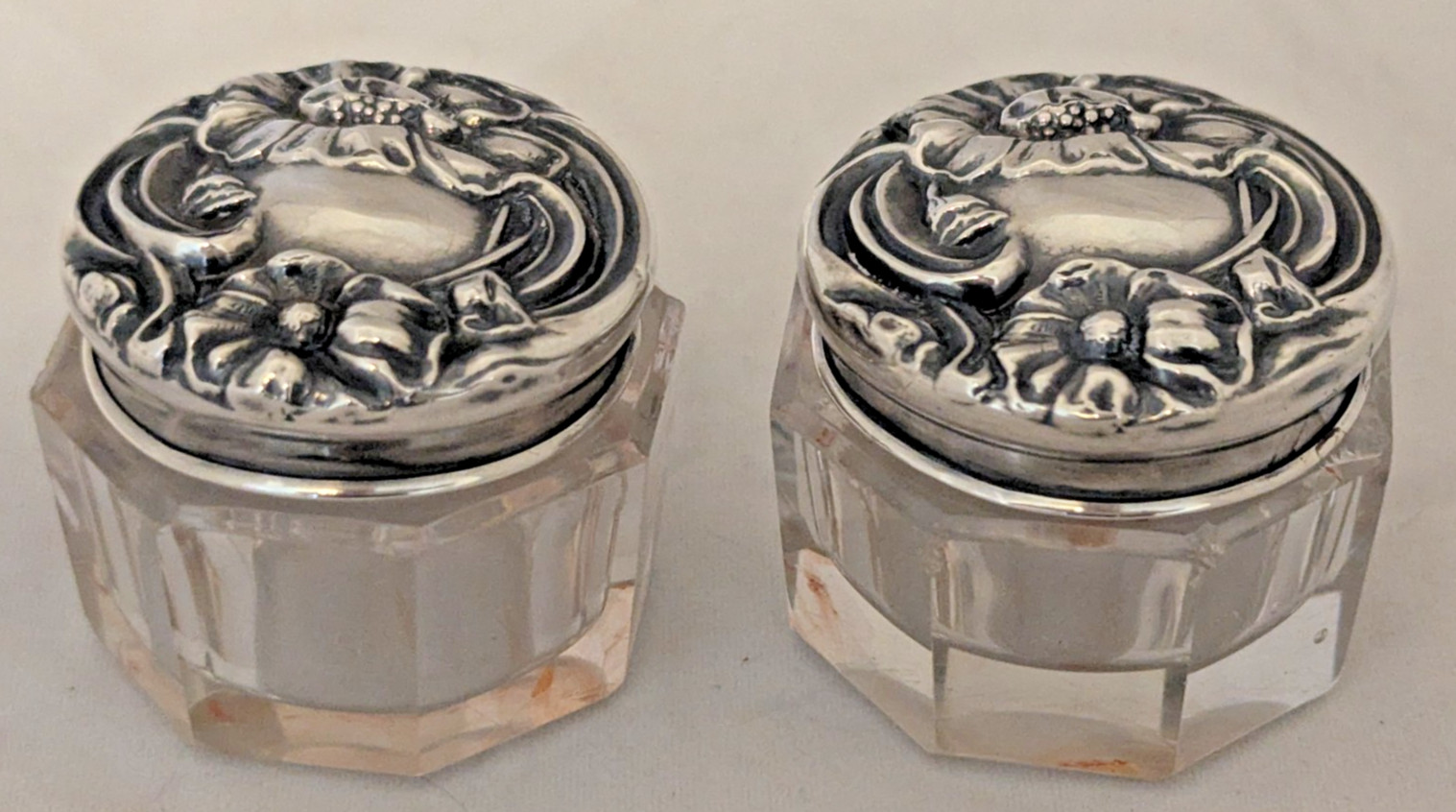 (2) Art Nouveau Repousse Sterling Silver & Crystal Vanity /Small Jars POPPIES