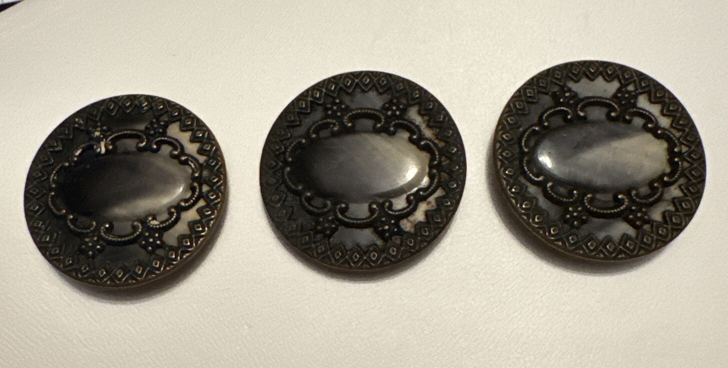 Victorian Celluloid & Metal Button (3) Lot 1 1/4 in