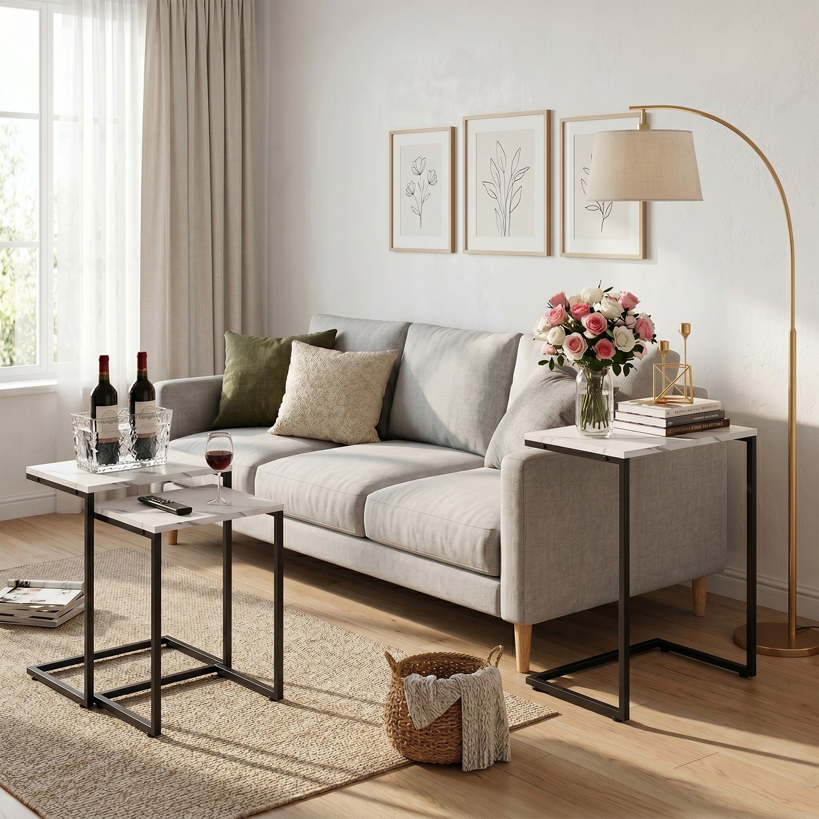 C-Shaped End Table Sofa Side Table Tray Sturdy Wooden Table White Set of 3