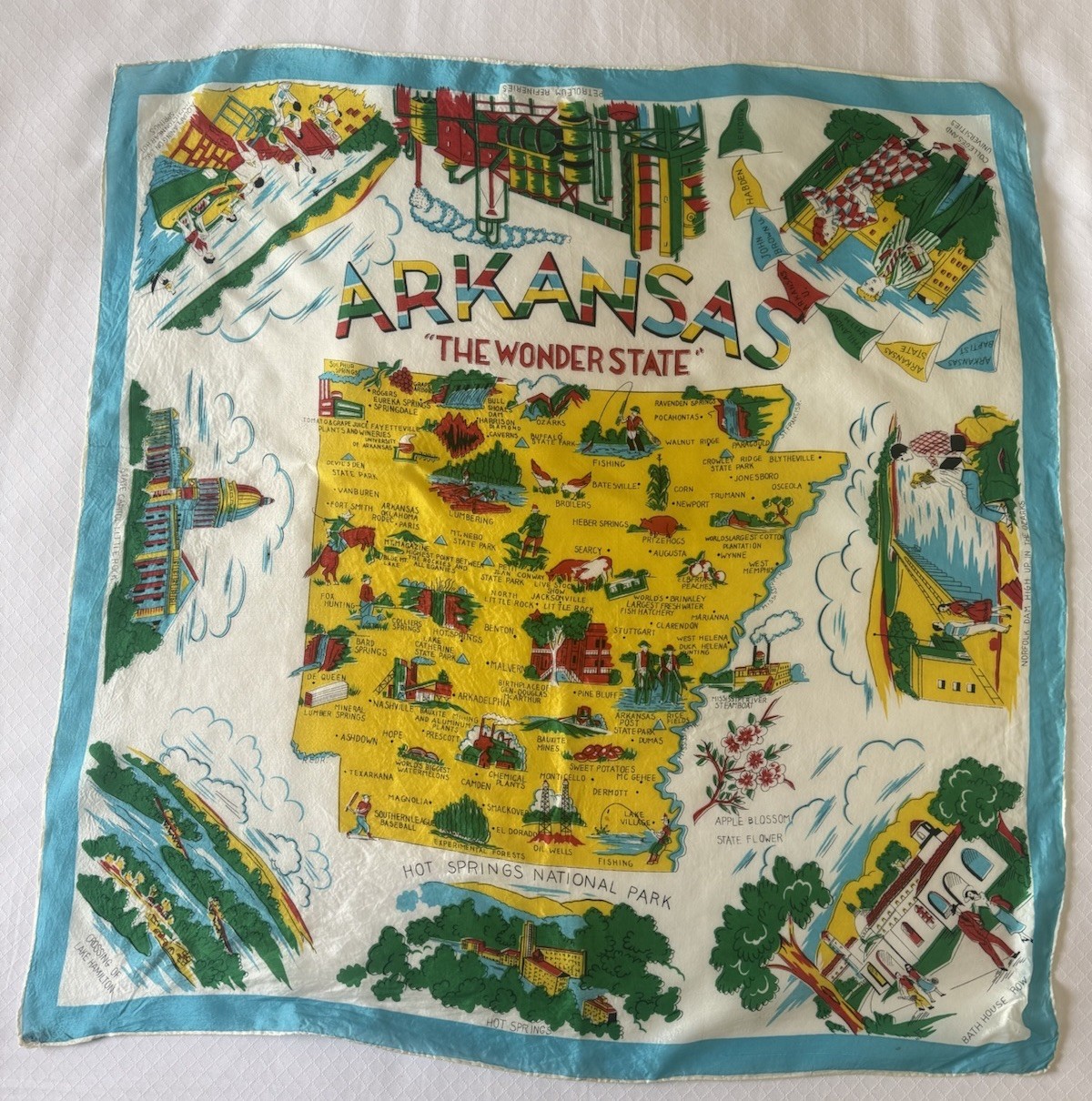 Vintage Arkansas Map Rayon Scarf Tourist Landmarks Souvenir 28×28 Hand Rolled