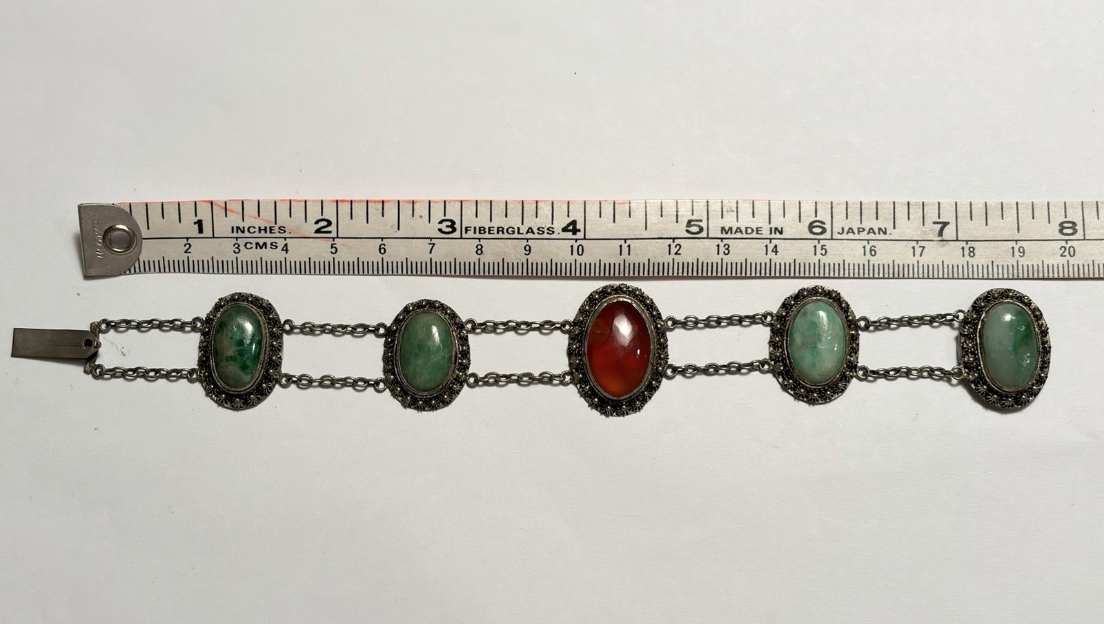 1920-30’s Chinese Export Jadeite Jade Carnelian Silver Scarab Bracelet 7.5″ 21g