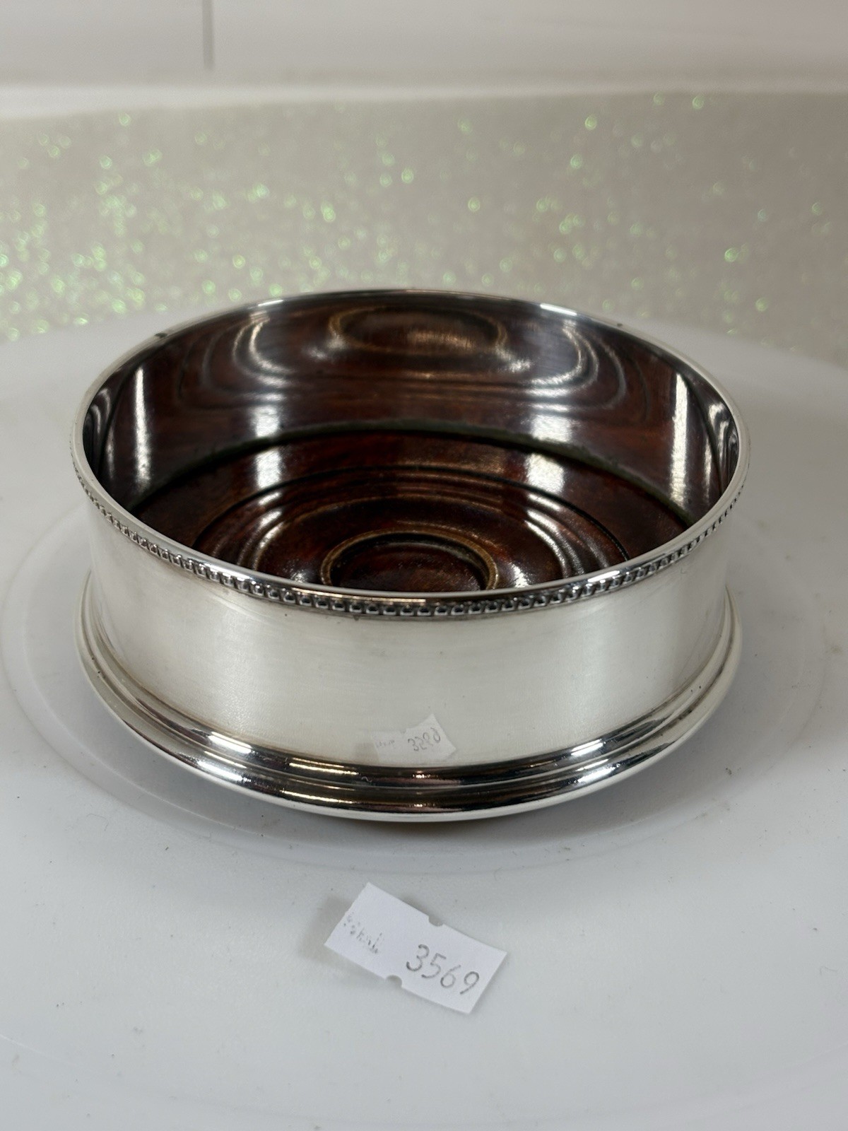 Antique Silver Plated Turned Wood Wine Bottle Coaster