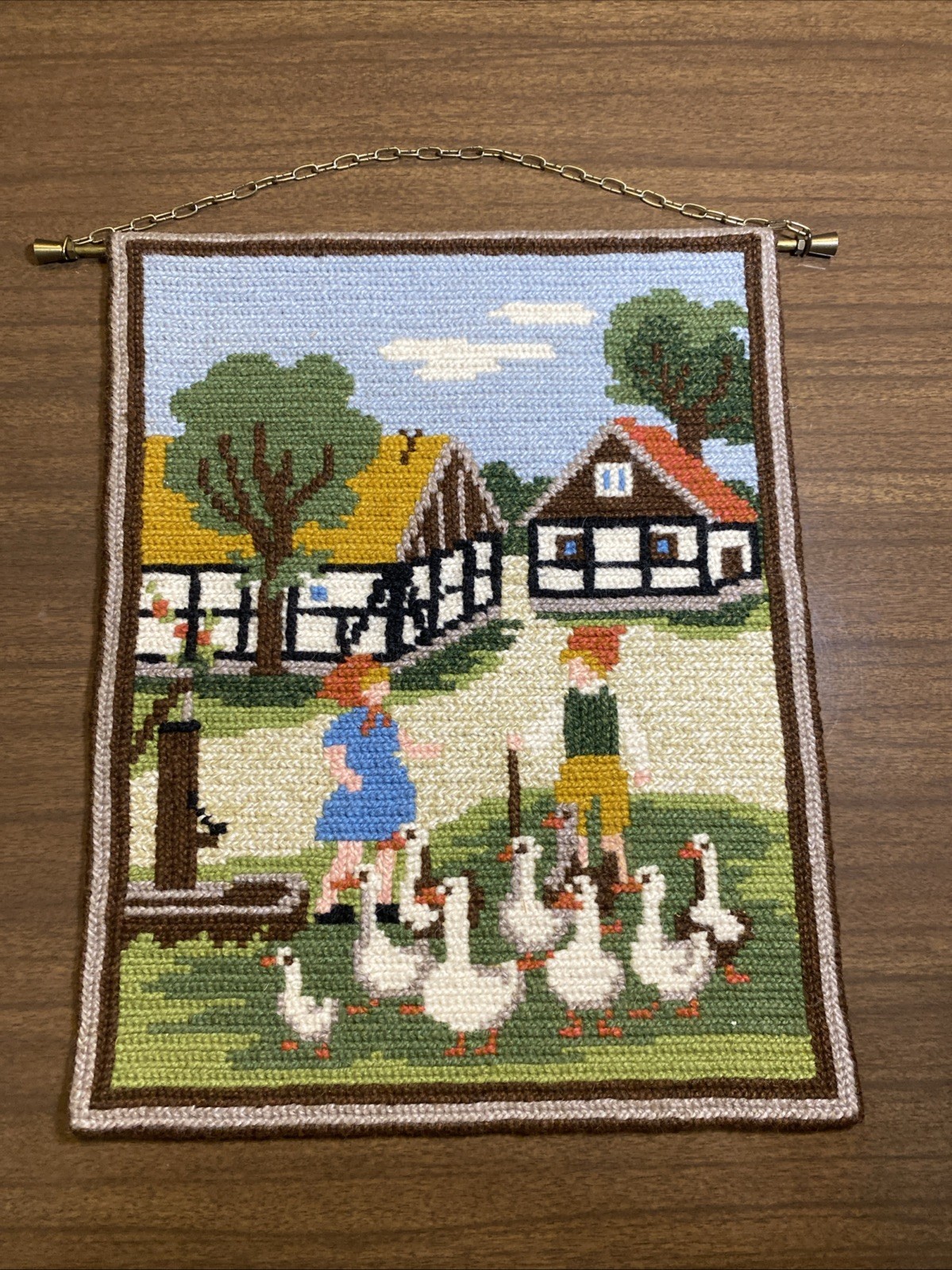 Vtg Swedish Nordic Geese Farm Traditional Tapestry Woven Needlework 11 x 13.75”