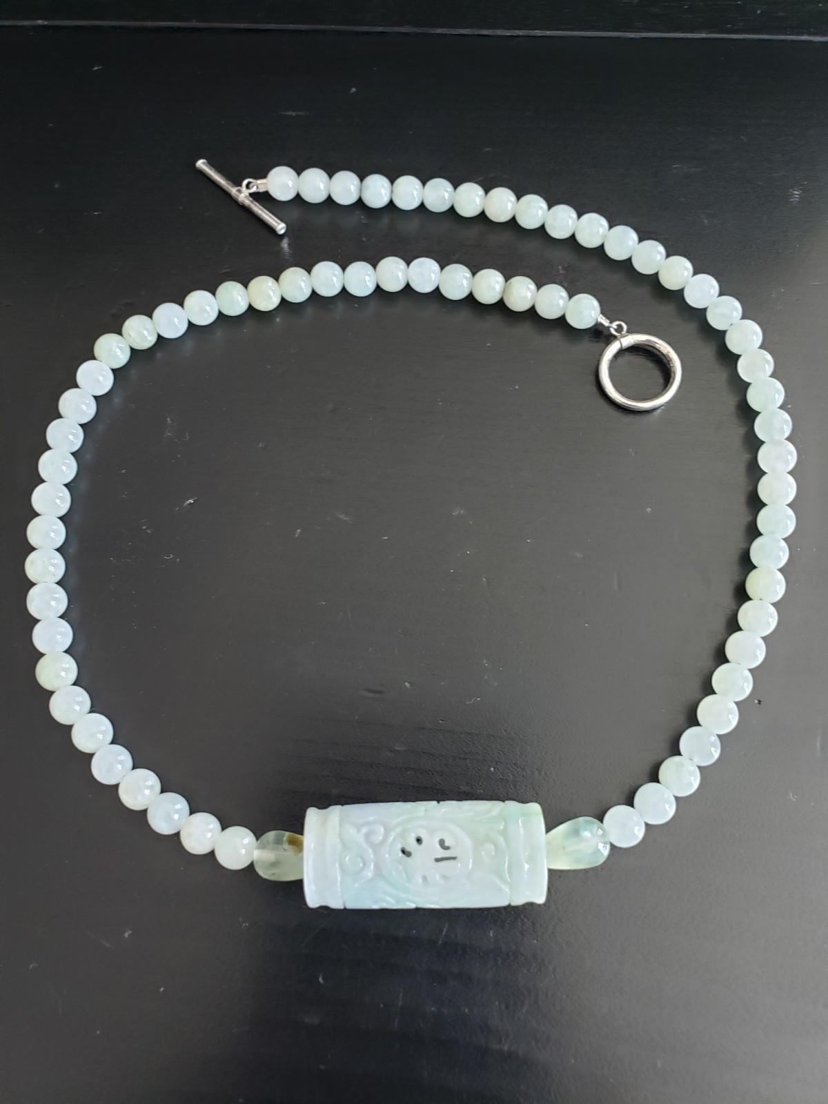 Artisan Untreated Burmese Jade Scroll Pendant Necklace With 2 Prehenite Spacers