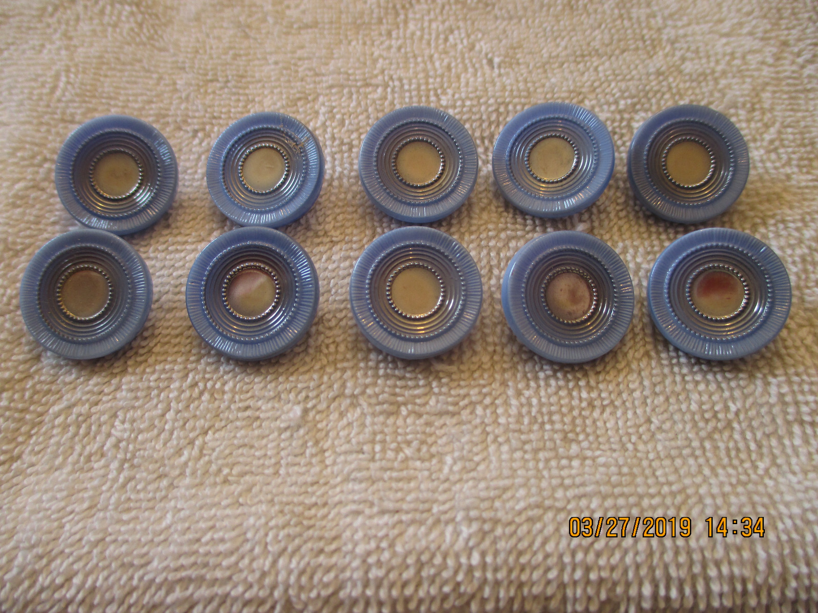 10 Czech Glass with Silver accented depressed center on Blue Buttons #16 .673″
