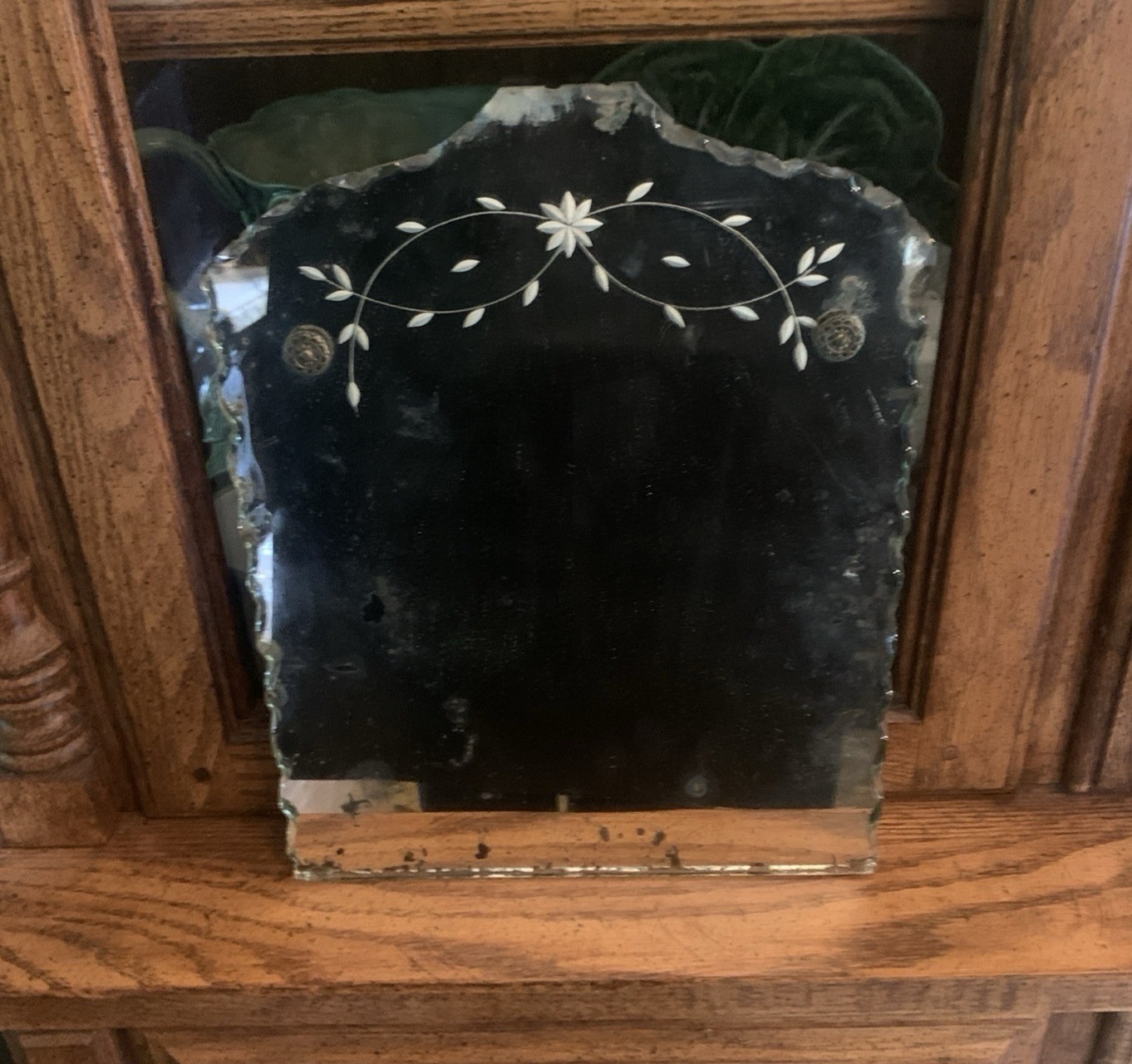 Antique Frameless Scalloped Edge Etched Wall Vanity Accent Mirror 1920s Art Deco