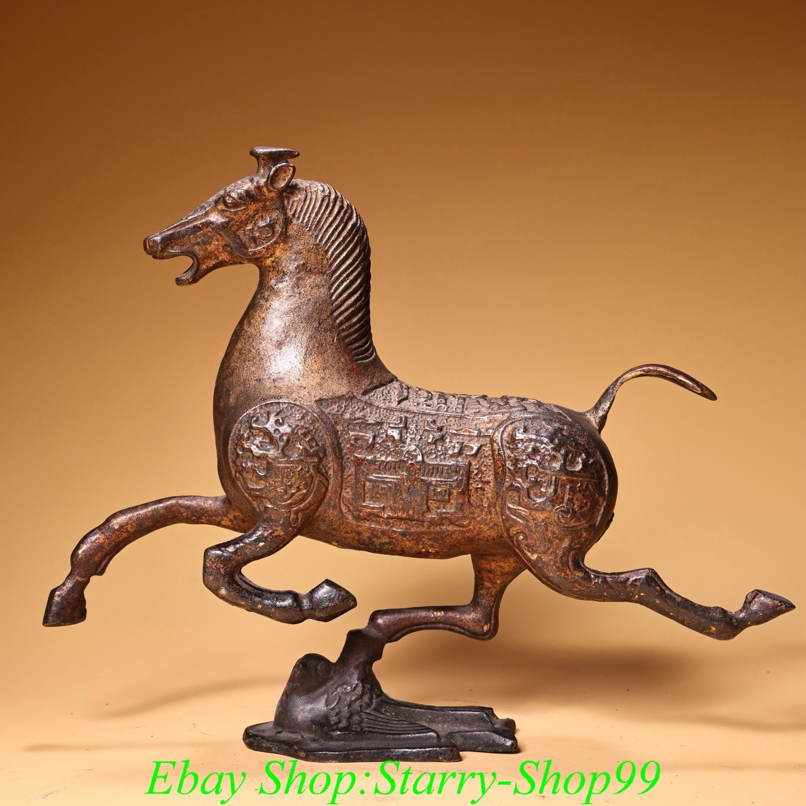 9.8″ Old Chinese Dynasty Bronze Gilt Fengshui Horse Tread Swallow Animal Statue