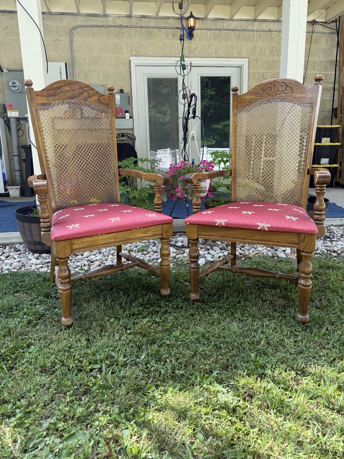 Vintage French Country Cane Side Chairs Dragonfly Design Cushions