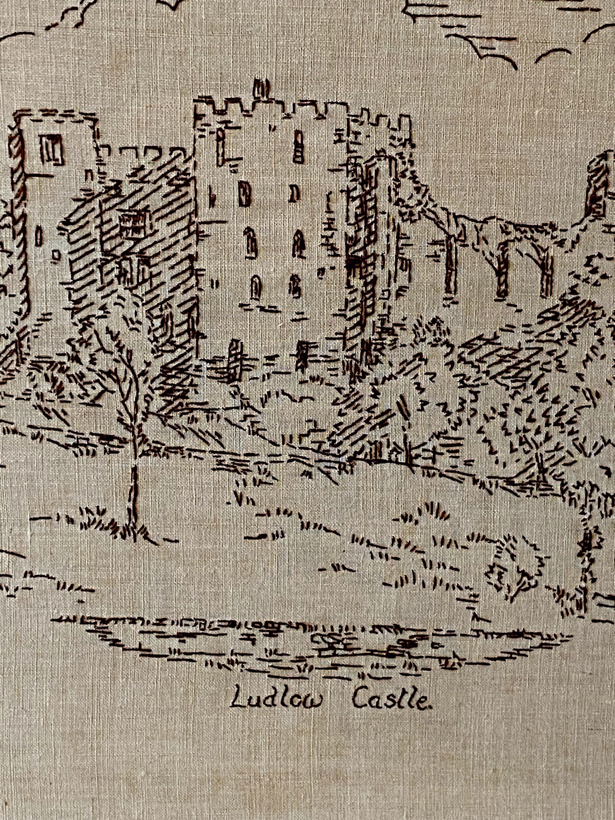 Antique Ludlow Castle 19C Cotton Linen Stitched Art in Original Old Oak Frame