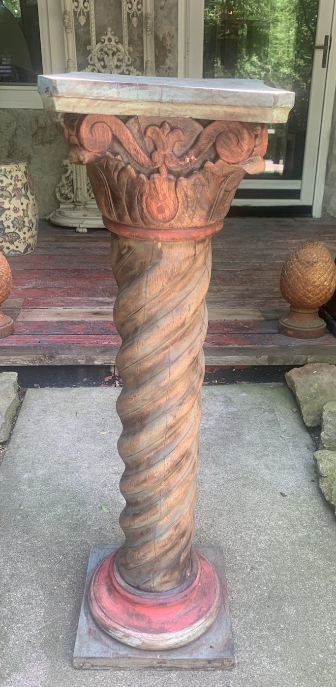 Antique Vtg Hand-carved Barley Wood Painted Pillar Display/Plant Stand 39H/30 Lb
