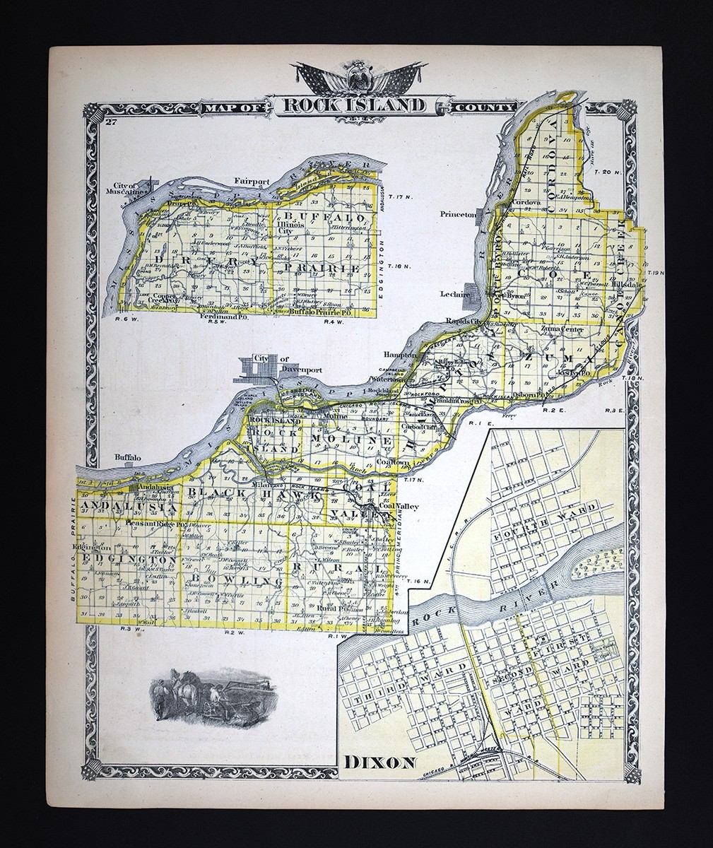 1876 Illinois Map Rock Island County Milan Andalusia Moline Rapids City Cordova