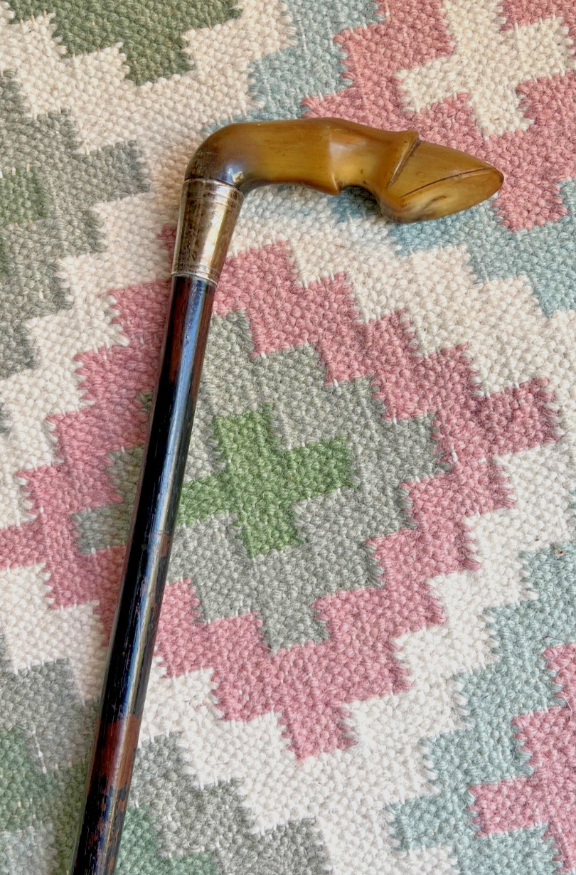 ANTIQUE EDWARDIAN EBONISED WALKING CANE WITH HORN CARVED HORSES HOOF HANDLE