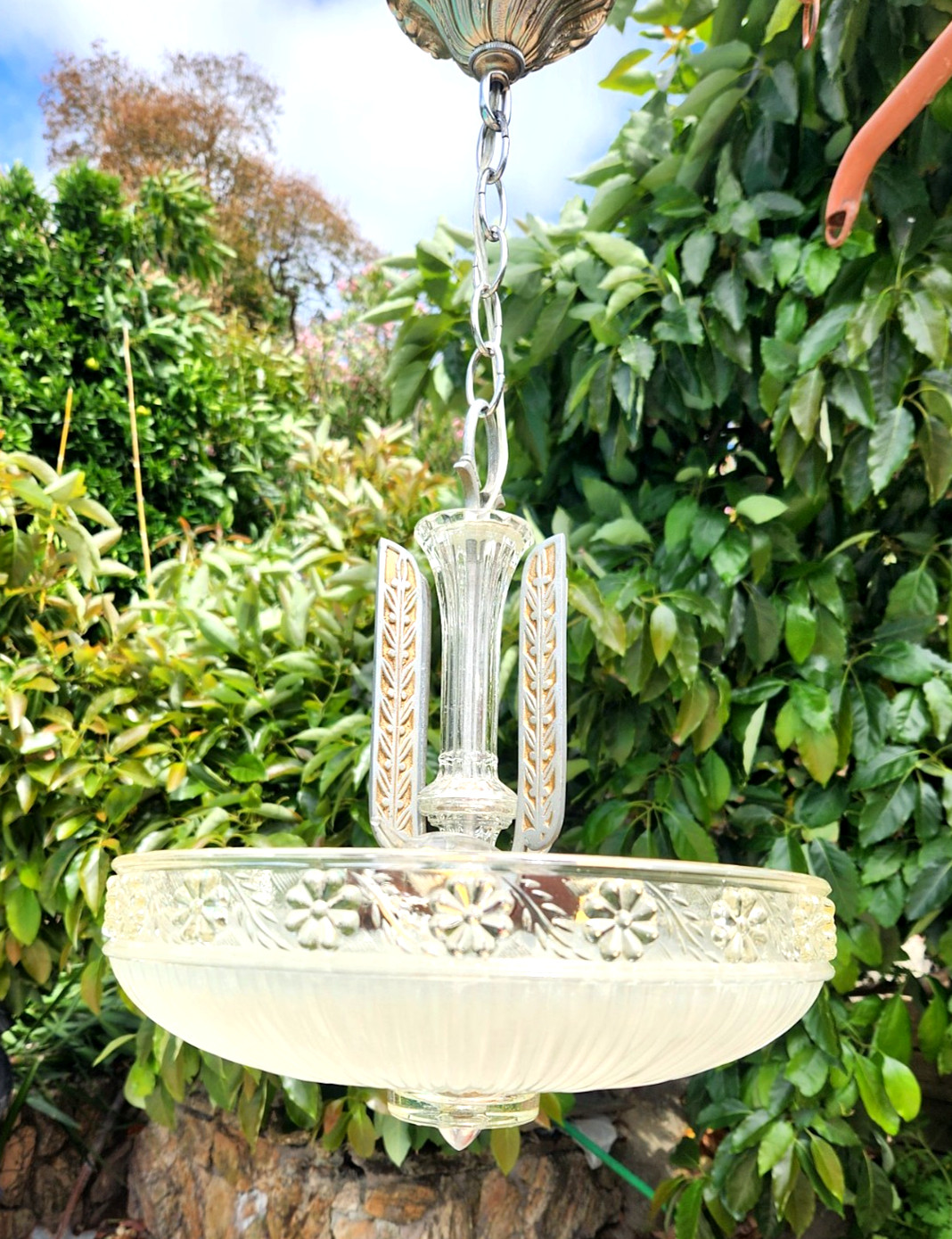 ANTIQUE ART NOUVEAU HANGING CHANDELIER CEILING FIXTURE W/GLASS SHADE REWIRED