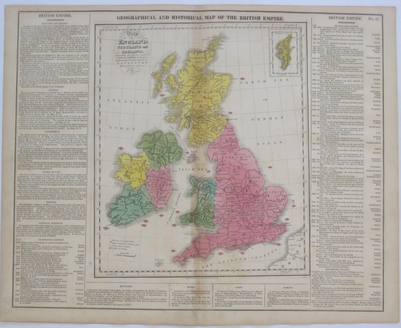 Original 1821 Map BRITISH EMPIRE England Scotland Ireland Wales Battles History