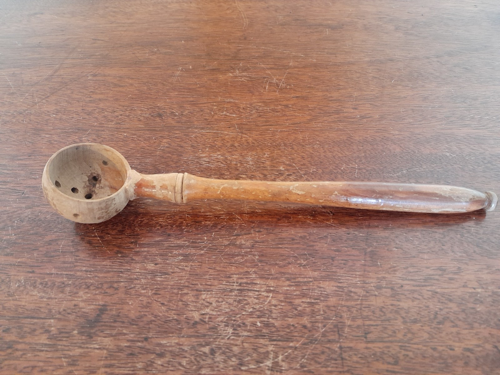 Antique French Hand-Turned Wooden Olive Spoon Draining Scoop – 26 cm