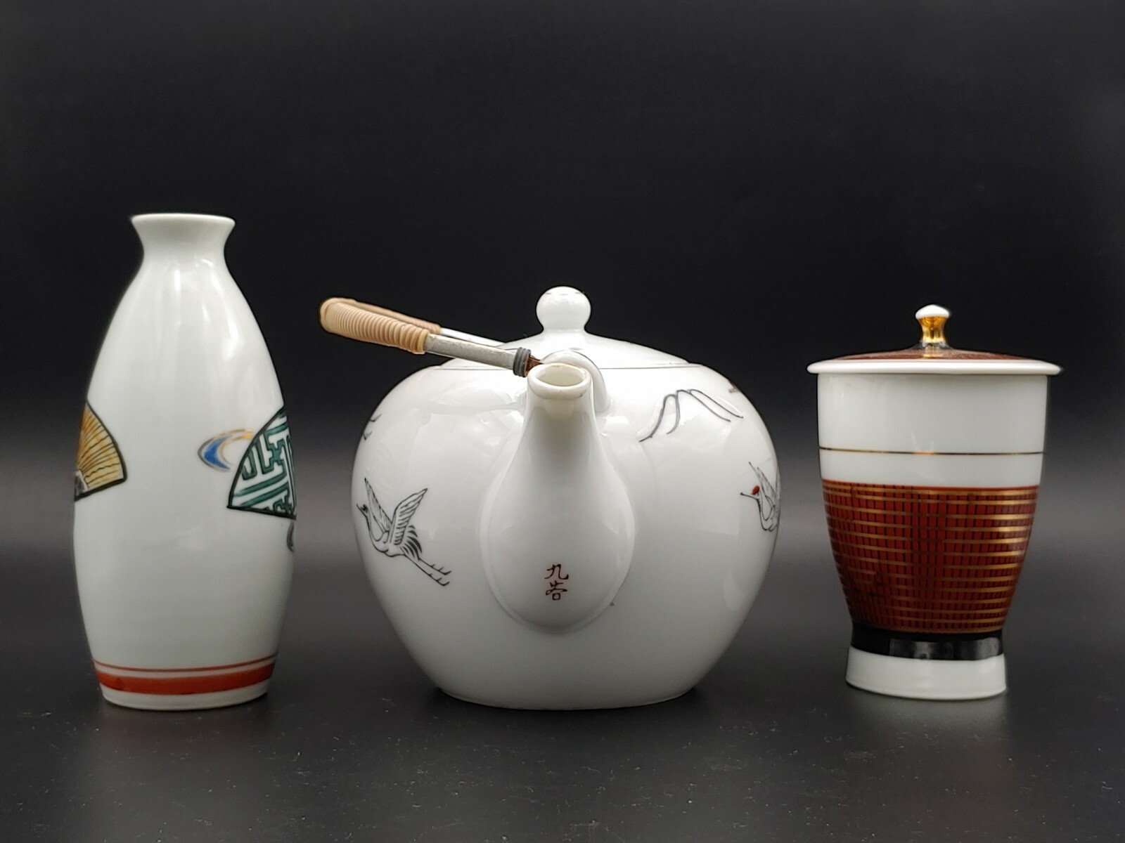 民国三贵手绘仙鹤茶壶九谷烧瓷器 Antique China Teapot Japan Kutani Porcelain Cup Sake Wine Bottle
