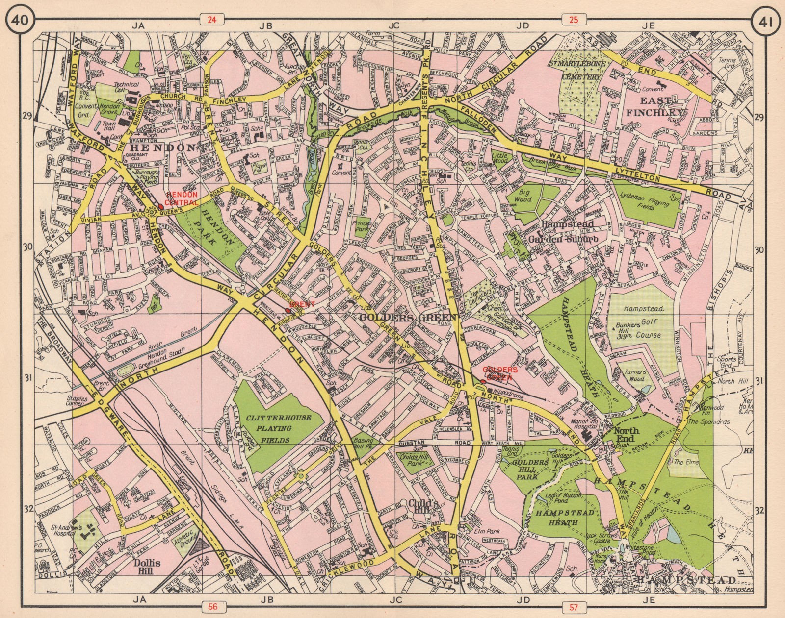 NW LONDON. Hendon East Finchley Golder’s Green Child’s Hill North End 1953 map