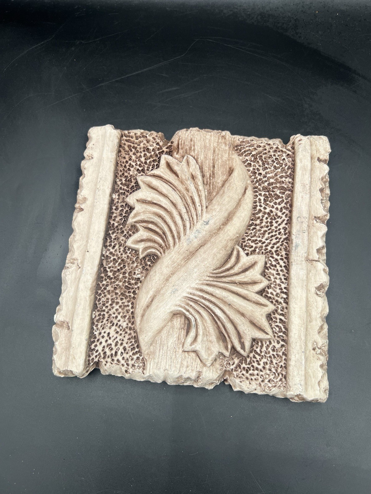Heavy Chalkware Acanthus Leaf Scroll Plaque 8″Architectural Block Decor 3+ Lbs