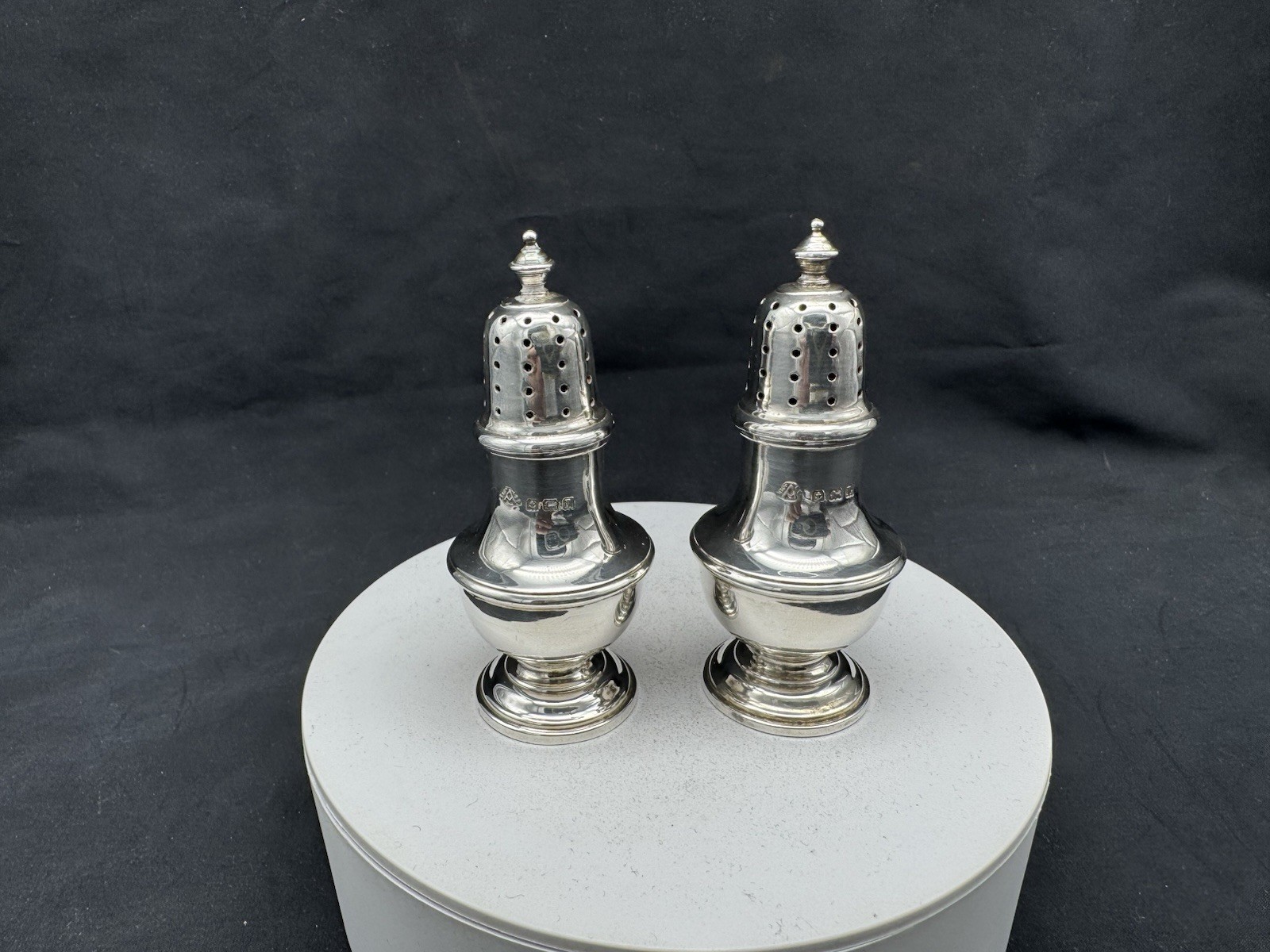 1935 Adie Brothers Ltd sterling silver salt and pepper shakers, 52 grams, 3 1/8″