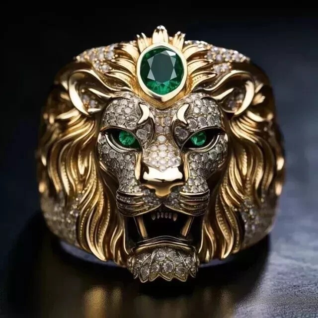 14K Yellow Gold Finish 5.00Ct Oval Cut Lab Created Emerald Men’s Lion King Ring