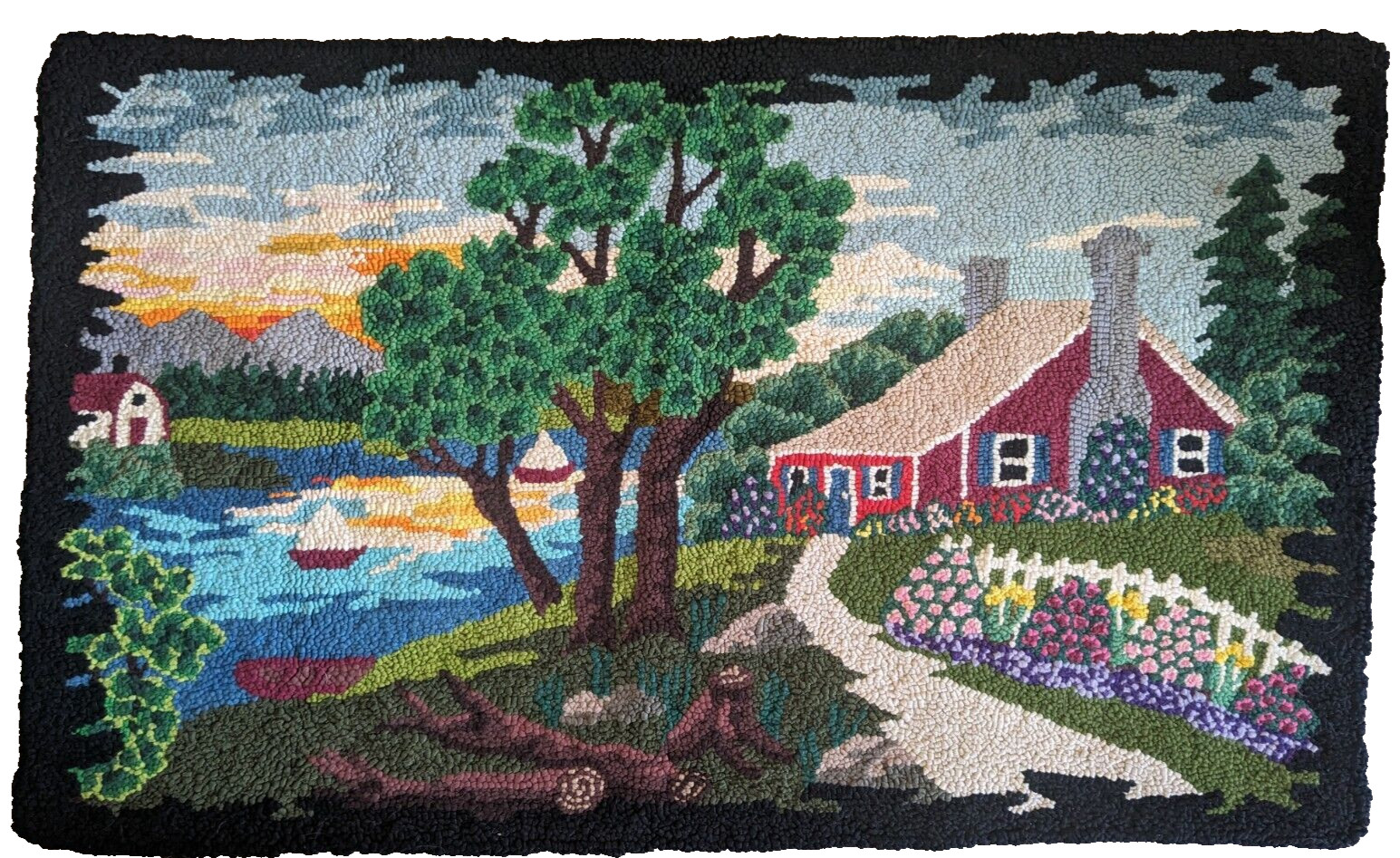 Vintage Hand Made Hooked Rug Cottage SceneryTapestry 38″ x 23″