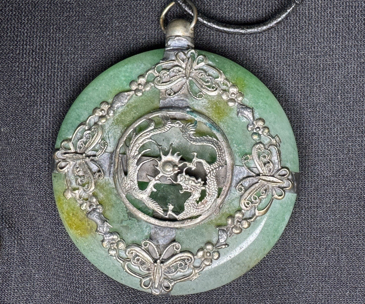 Antique Jade Green Glass Chinese Filagree Pendant ~ Dragons & Butterflies