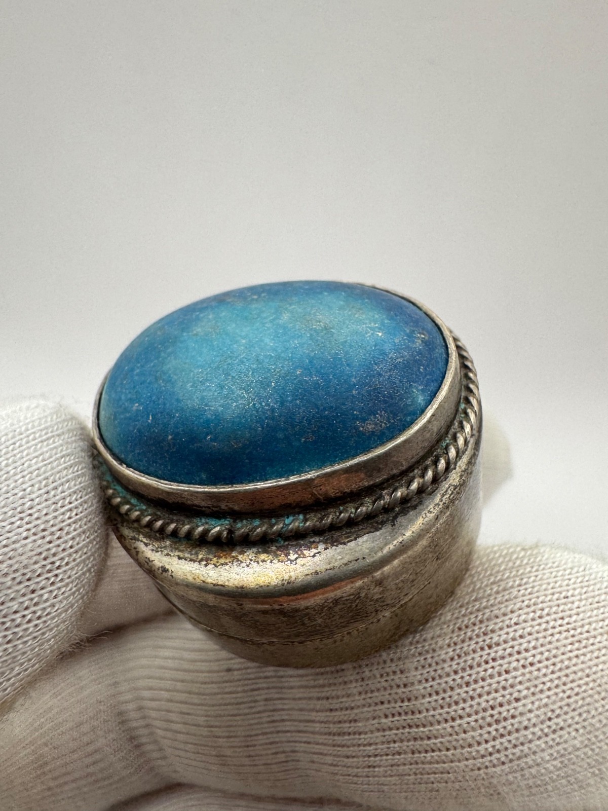 Vintage 925 Sterling Silver Pill Box with Blue Stone – 26.96g – Rare