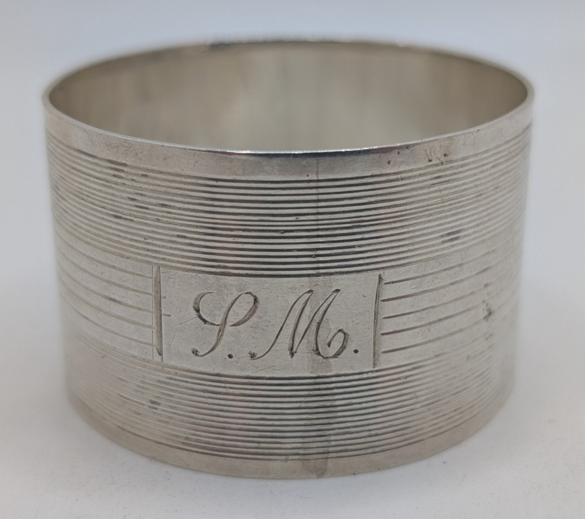 Antique English Sterling Silver Napkin Ring “SM” initials engraving, dated 1920