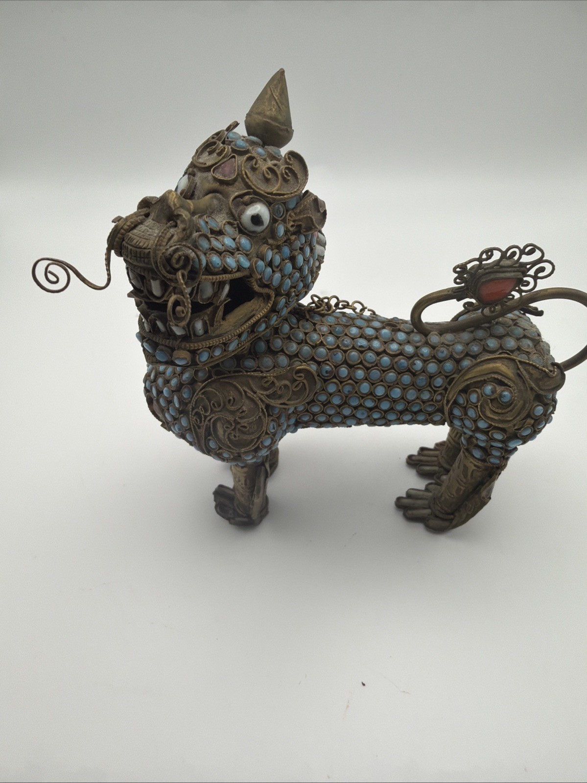 Antique Tibetan Filigree Brass Inlay Snuff Bottle Lion Read