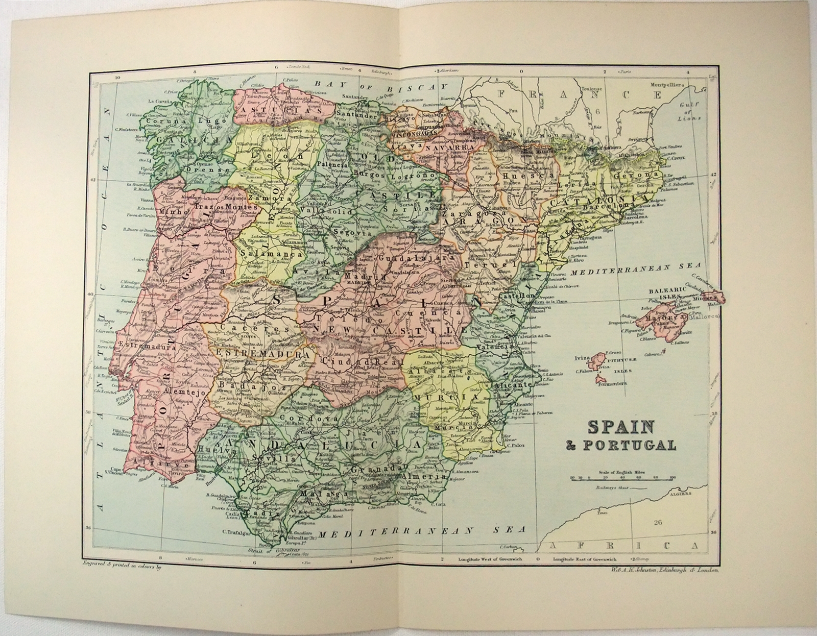 Spain & Portugal – Original 1895 Map by W & A.K. Johnston. Antique