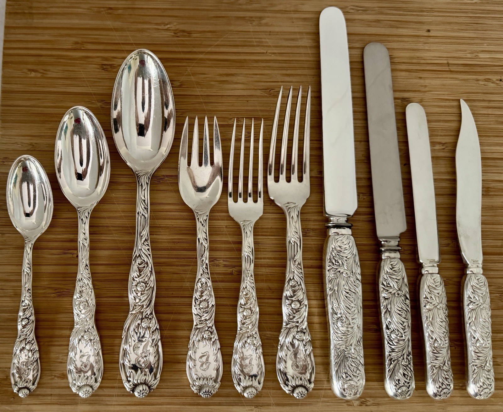 OLD 119 PIECE TIFFANY CHRYSANTHEMUM STERLING FLATWARE SERVICE FOR 12 X 10 PIECES