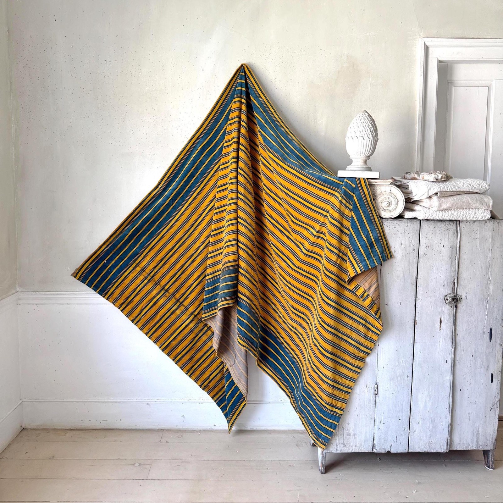 3.1yd c1910 Antique French Striped Velvet Golden Yellow Teal Heavy Weight Uphol