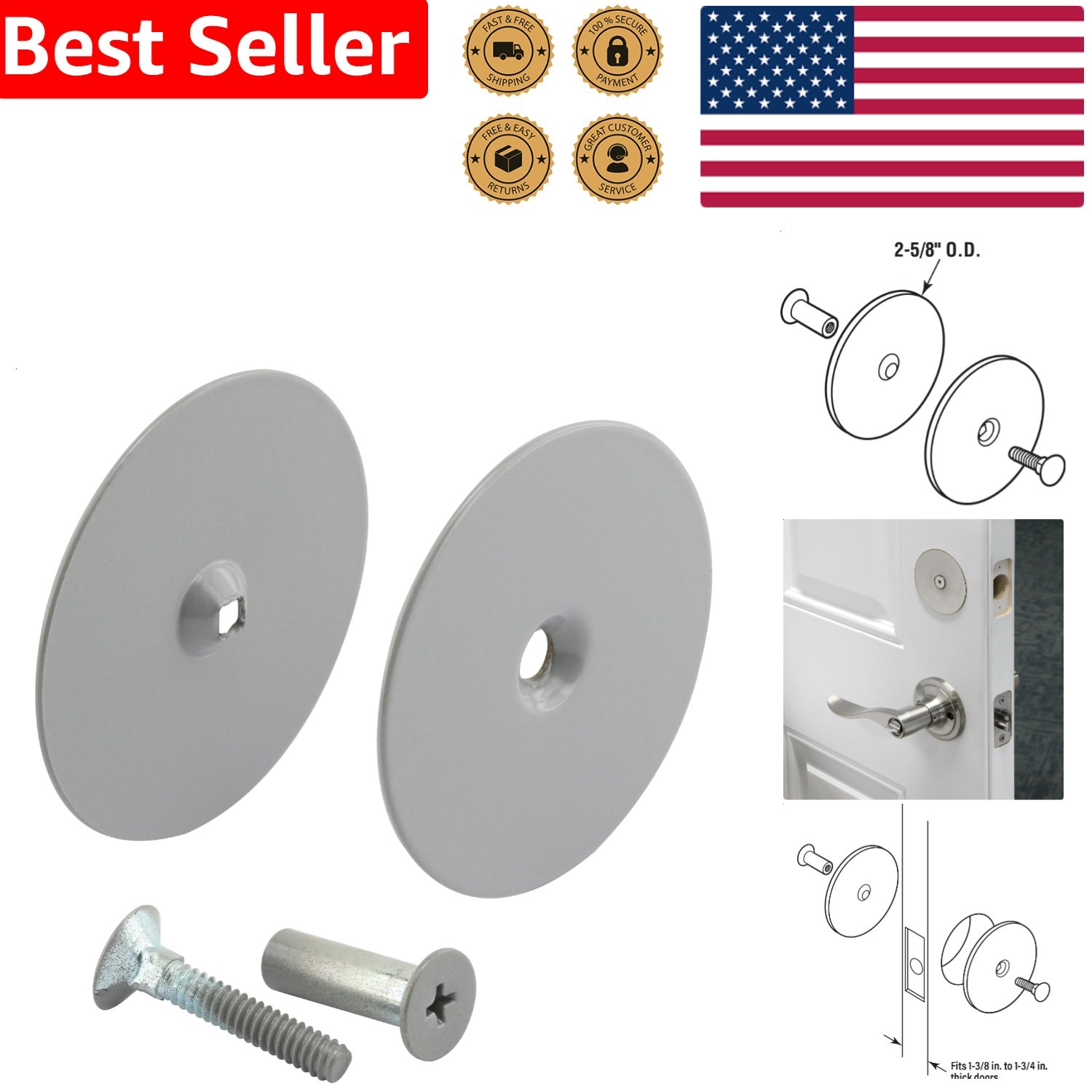 Door Hole Repair Plate, Gray Heavy-Duty Steel Security Cover 2-5/8