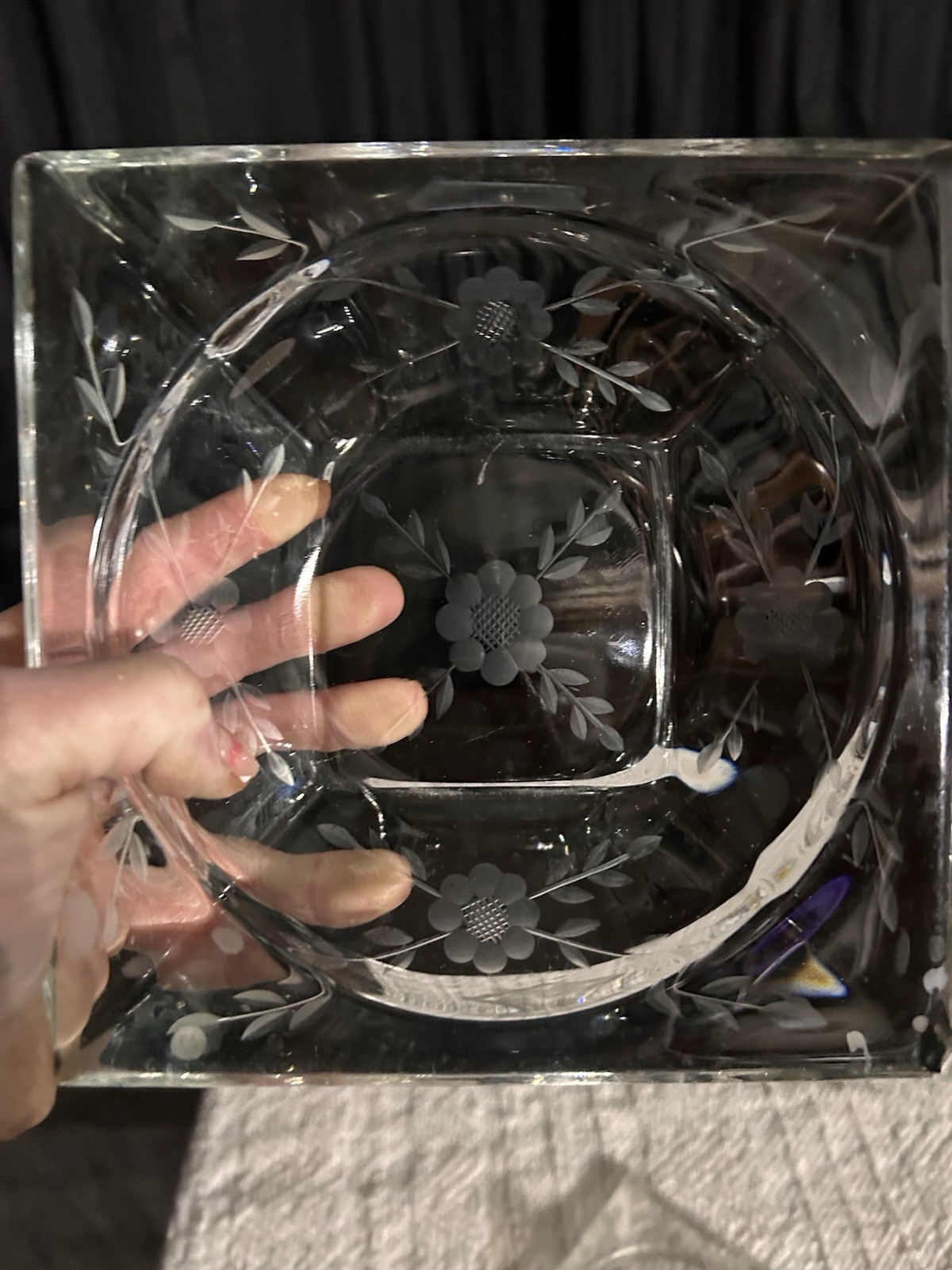 Crystal vintage Square Etched Flowers and leaflets on dish and top Box