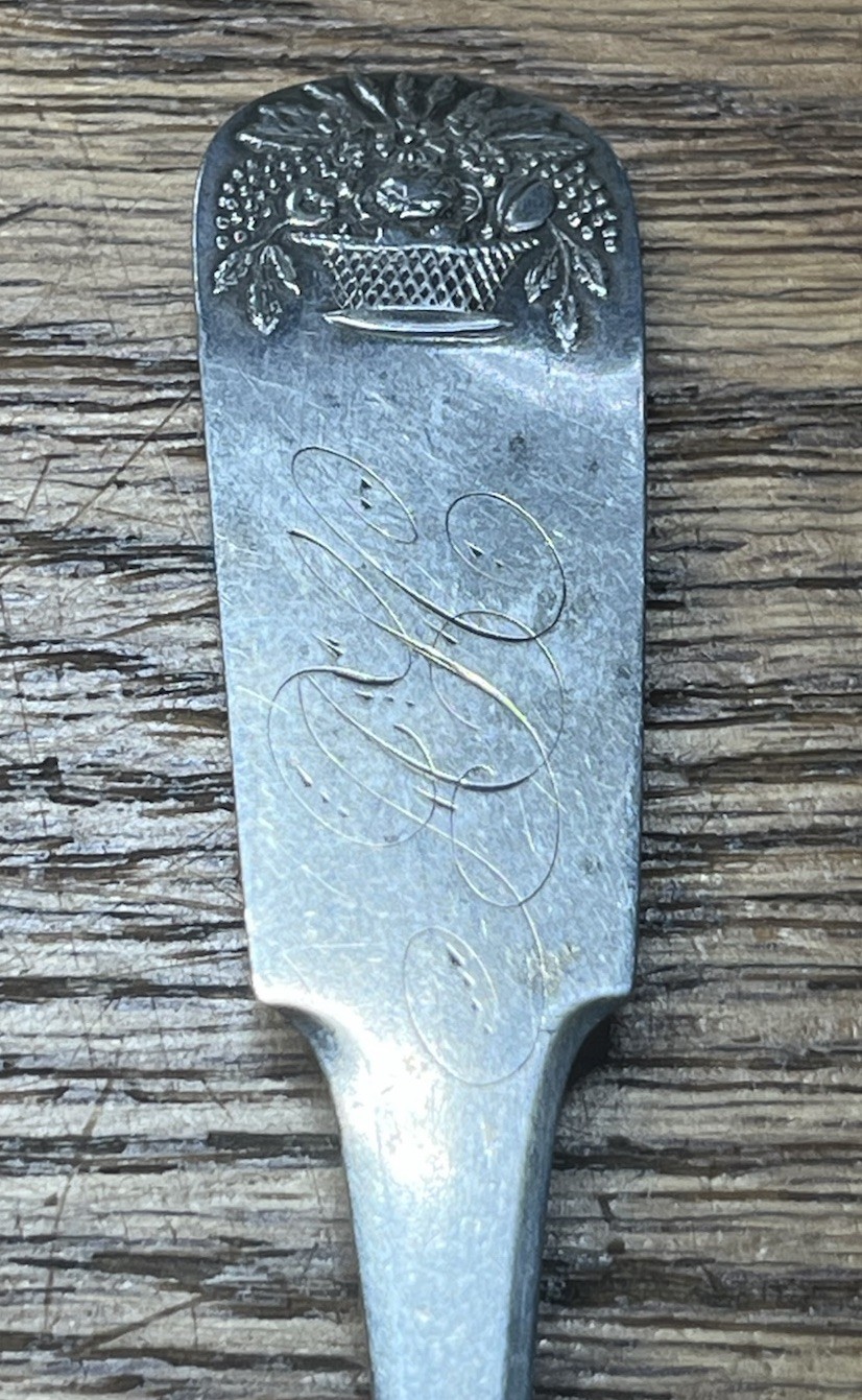 American Coin Silver Basket Of Flowers Teaspoon Clark Monogram